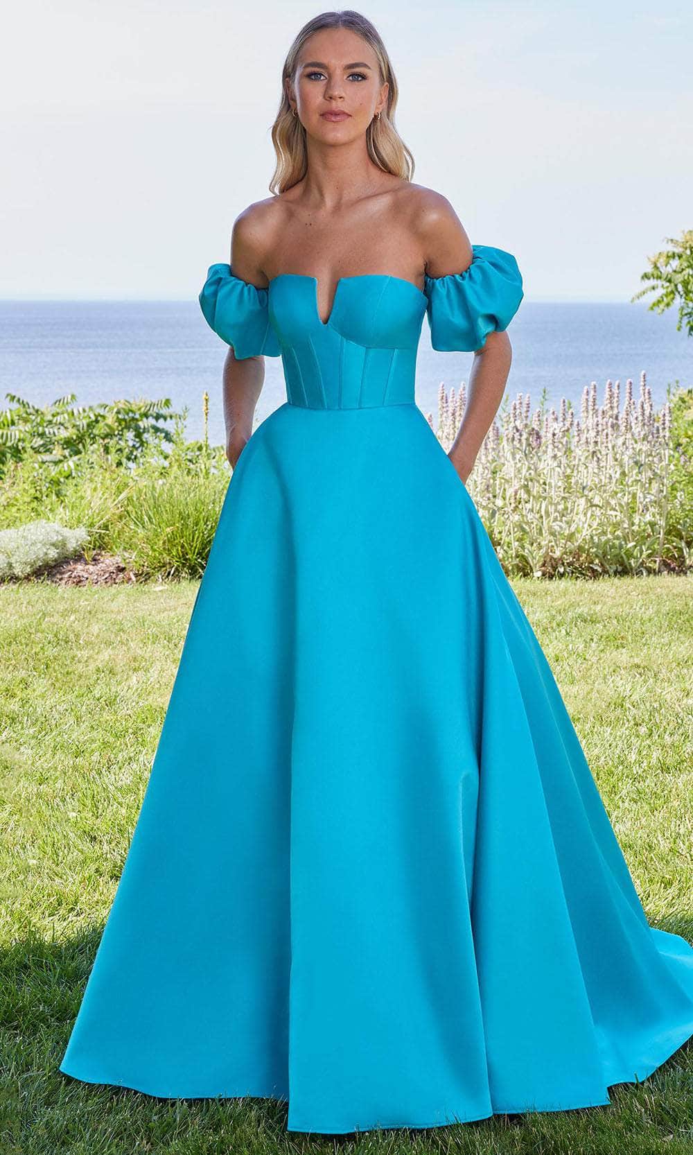 Mori Lee 49129 - Long Mikado A-Line Dress - Notch Accent, Corset Boning, Midrise Back, Detachable Puff Sleeves, Lace Up Back, Sweep Train, Pockets 4 / Mori Lee 49129 - Long Mikado A-Line Dress - Notch Accent, Corset Boning, Midrise Back, Detachable Puff Sleeves, Lace Up Back, Sweep Train, Pockets 4 /