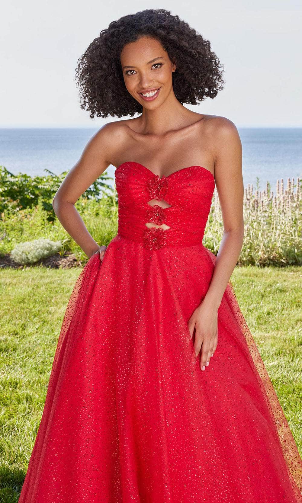 Mori Lee 49137 - Long Tulle A-Line Dress - Strapless, Ruched Bodice, Multi-Cutout, Lace Appliques, Midrise Back, Pockets, Sweep Train 00 / Scarlet Mori Lee 49137 - Long Tulle A-Line Dress - Strapless, Ruched Bodice, Multi-Cutout, Lace Appliques, Midrise Back, Pockets, Sweep Train 00 / Scarlet