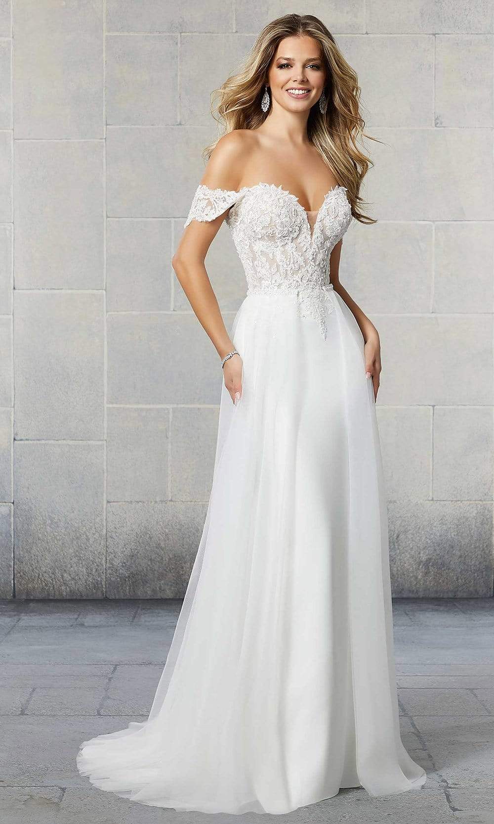 Mori Lee Bridal 6922L - Long Mermaid Dress - Beaded, Alencon Lace Appliques, Net Bodice, Detachable Sleeves, Crepe Overskirt, Beaded Waistband, Sheer Back, Fabric Buttons, Chapel Train, Open Back ADASA Mori Lee Bridal 6922L - Long Mermaid Dress - Beaded, Alencon Lace Appliques, Net Bodice, Detachable Sleeves, Crepe Overskirt, Beaded Waistband, Sheer Back, Fabric Buttons, Chapel Train, Open Back ADASA