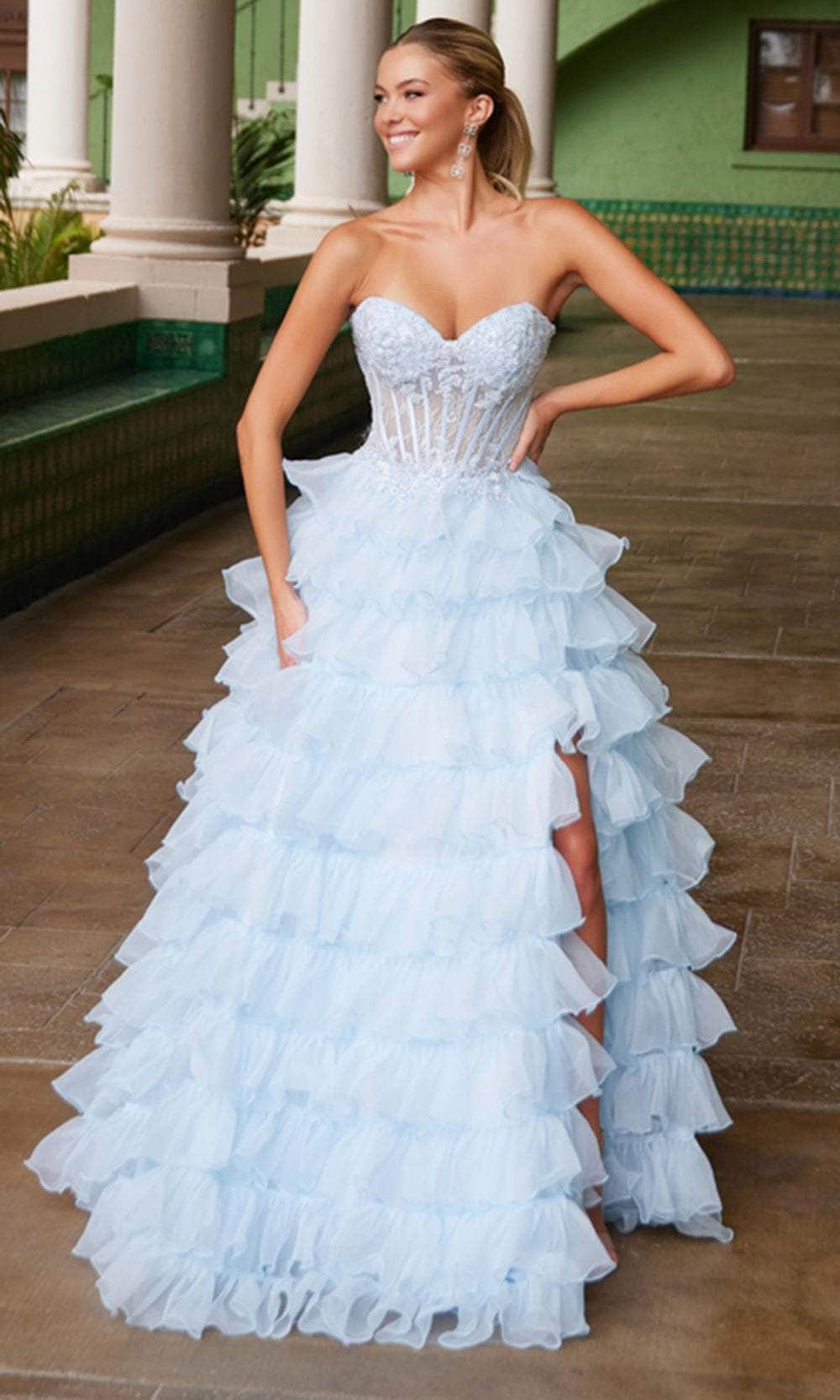 Nox Anabel R1688 - Long Tulle Ballgown Dress - Layered ruffles, high slit, strapless neckline ADASA Nox Anabel R1688 - Long Tulle Ballgown Dress - Layered ruffles, high slit, strapless neckline ADASA