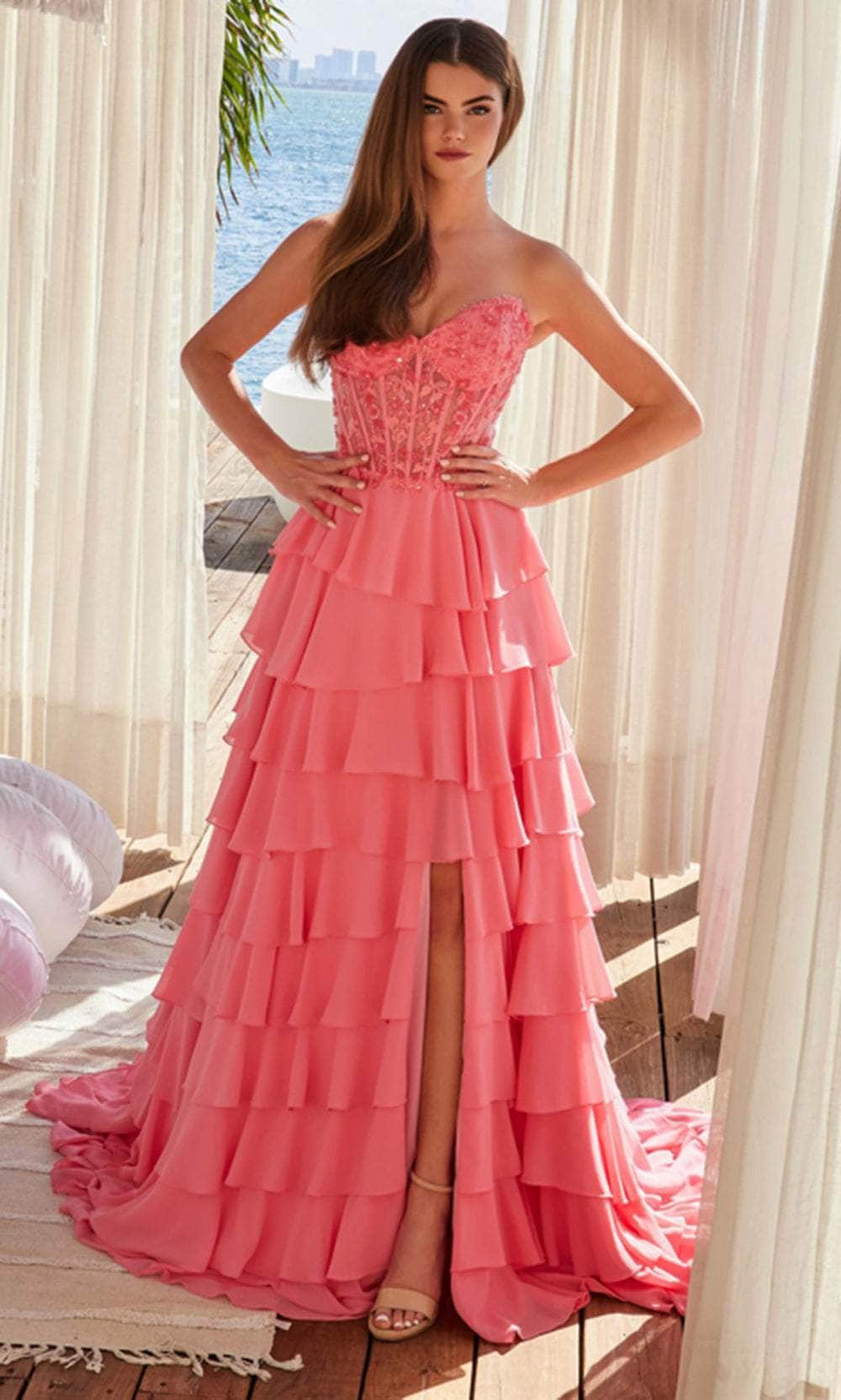 Nox Anabel Y1551 - Long Chiffon A-line Dress - Layered ruffle skirt, strapless corset bodice, high slit 10 / Candy Pink Nox Anabel Y1551 - Long Chiffon A-line Dress - Layered ruffle skirt, strapless corset bodice, high slit 10 / Candy Pink
