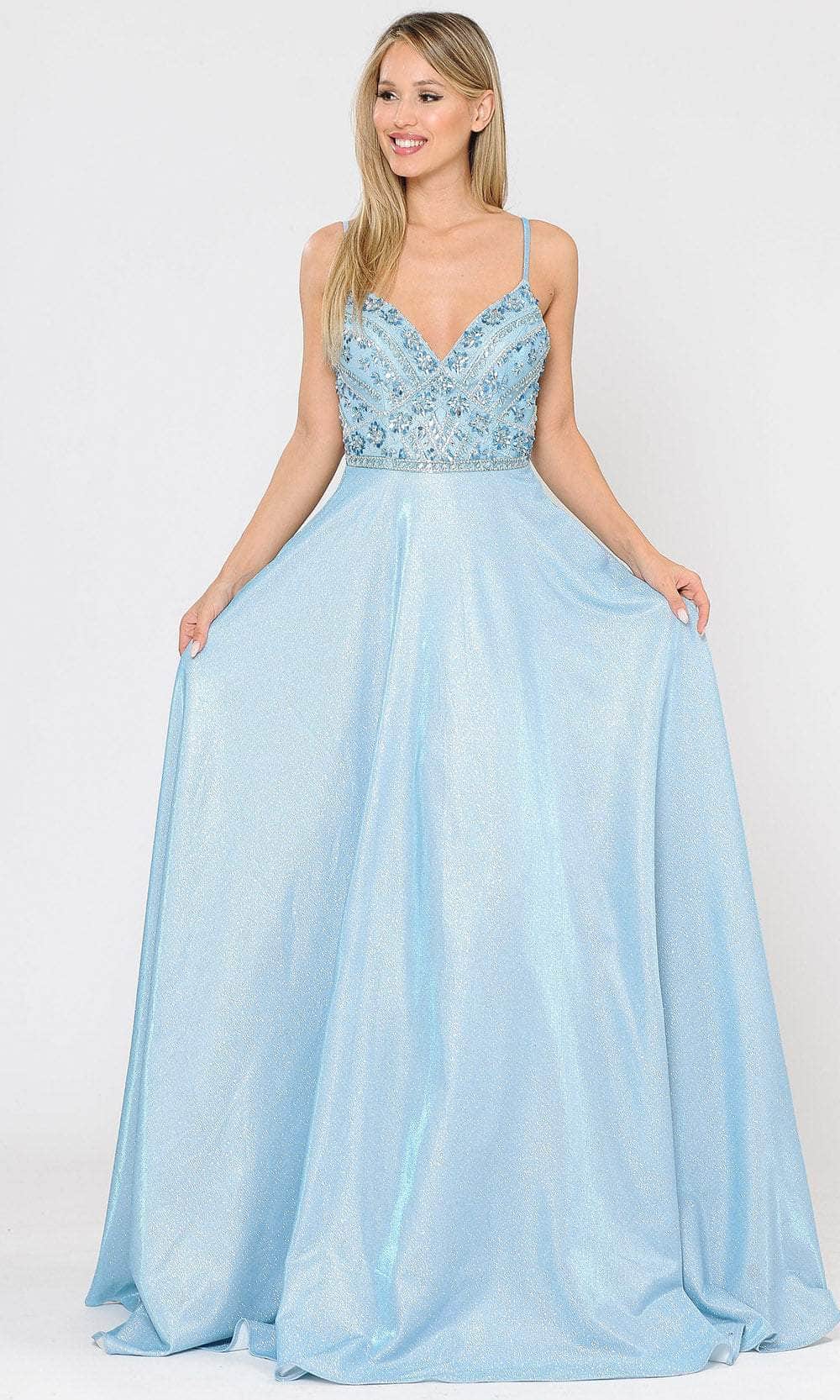 Poly USA 8414 Long Metallic Glitter Dress with Beaded Bodice | FormalDressShops Blue / M Poly USA 8414 Long Metallic Glitter Dress with Beaded Bodice | FormalDressShops Blue / M