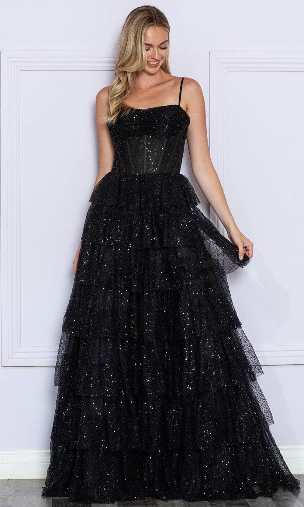 Poly USA 9328 Tiered Sleeveless Corset Sequin Gown | FormalDressShops Black / M Poly USA 9328 Tiered Sleeveless Corset Sequin Gown | FormalDressShops Black / M