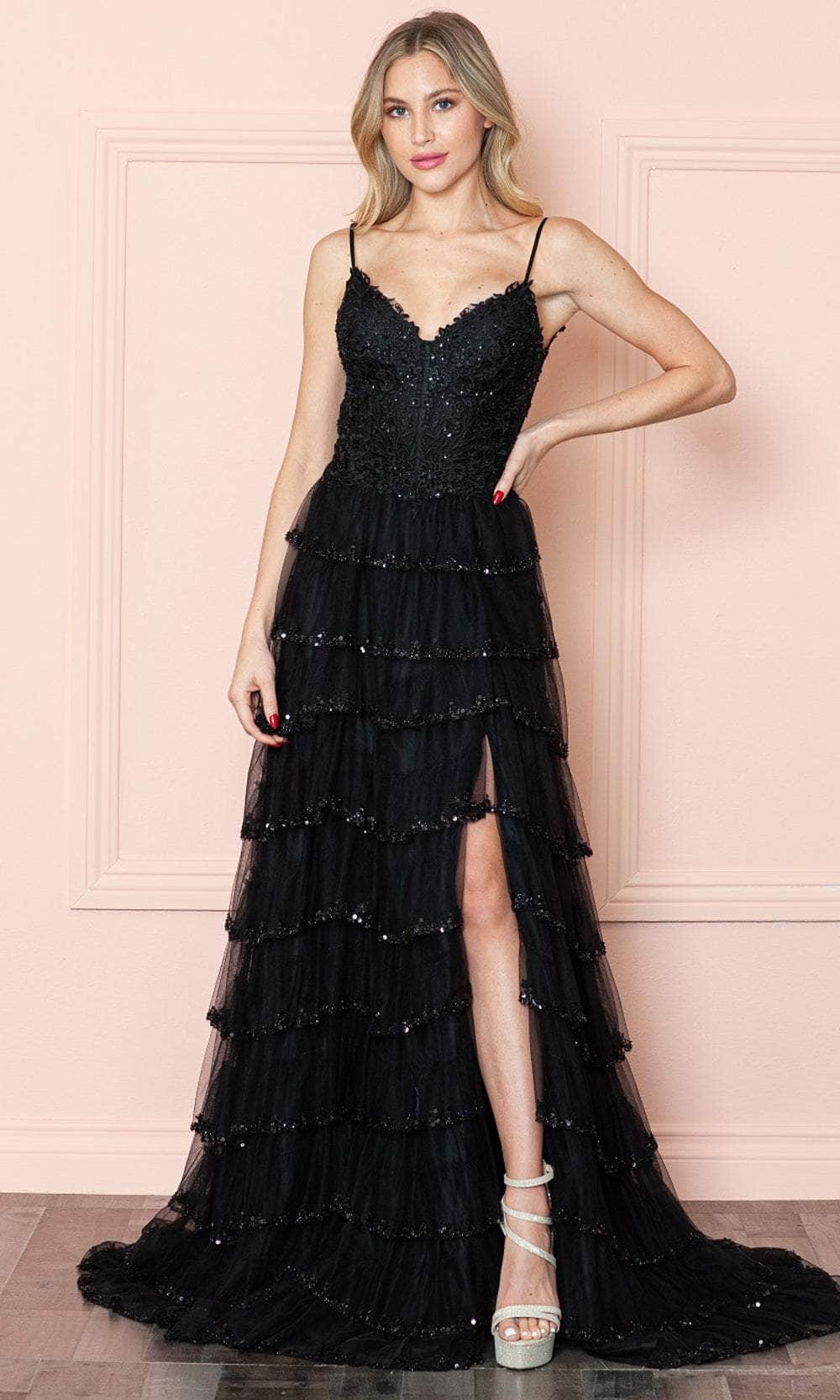 Poly USA 9404 - Long Mesh A-Line Dress - Spaghetti Strap, Sleeveless, Lace Applique, Beaded, V-Back, Tiered Skirt, High Slit, Sweep Train ADASA Poly USA 9404 - Long Mesh A-Line Dress - Spaghetti Strap, Sleeveless, Lace Applique, Beaded, V-Back, Tiered Skirt, High Slit, Sweep Train ADASA