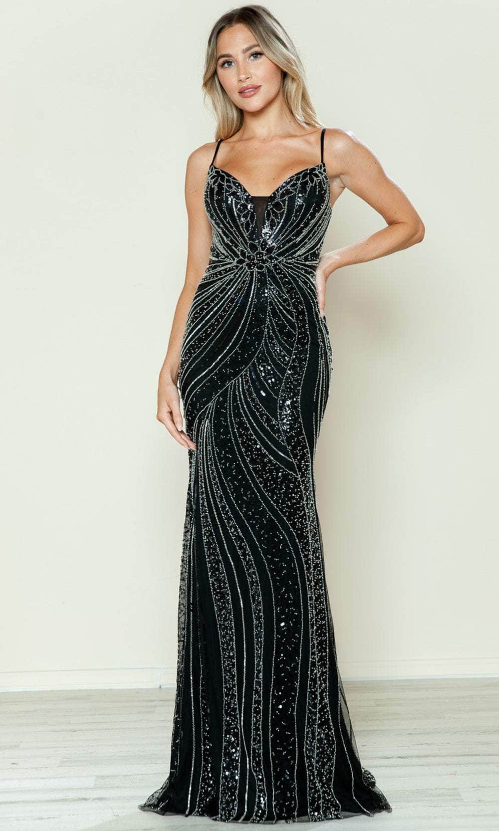Poly USA 9510 - Long Mesh Column Dress - Sleeveless, Fitted Bodice, Sheer Insert, Spaghetti Straps, Back Zipper, Closure, Train ADASA Poly USA 9510 - Long Mesh Column Dress - Sleeveless, Fitted Bodice, Sheer Insert, Spaghetti Straps, Back Zipper, Closure, Train ADASA