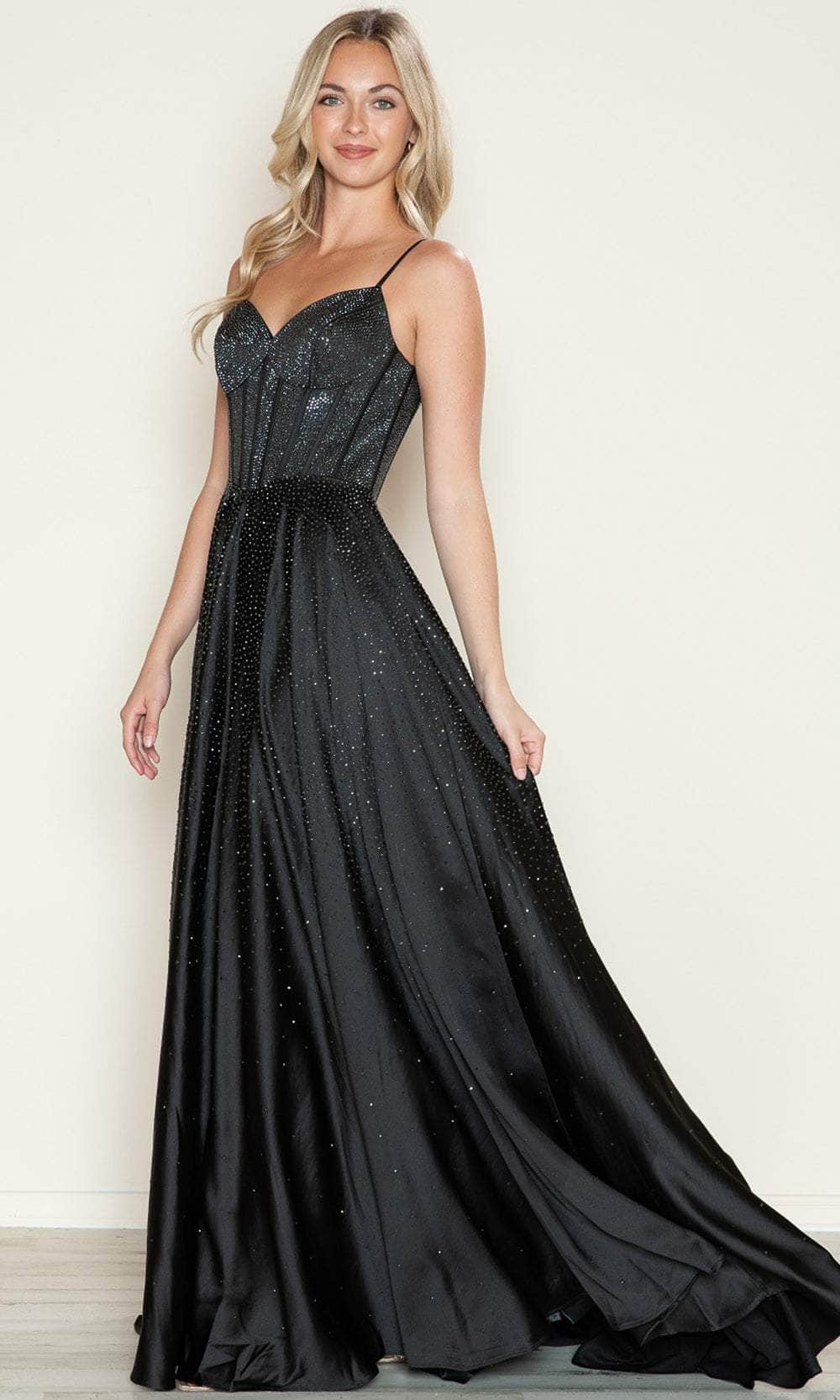 Poly USA 9610 - Long Satin A-line Dress - Sleeveless Corset Bodice, Back Zipper Closure, Spaghetti Straps, Low Back, Side Pockets, Train ADASA Poly USA 9610 - Long Satin A-line Dress - Sleeveless Corset Bodice, Back Zipper Closure, Spaghetti Straps, Low Back, Side Pockets, Train ADASA