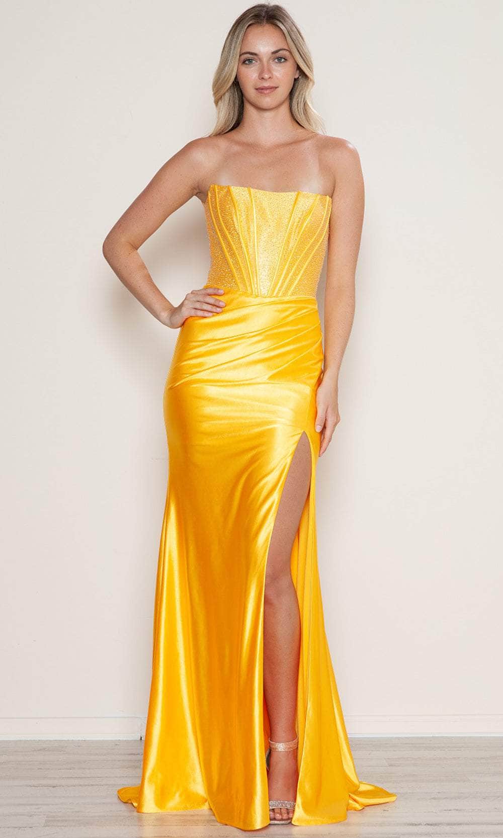 Poly USA 9656 - Off Shoulder Satin Prom Dress Prom Dresses XS /  Yellow