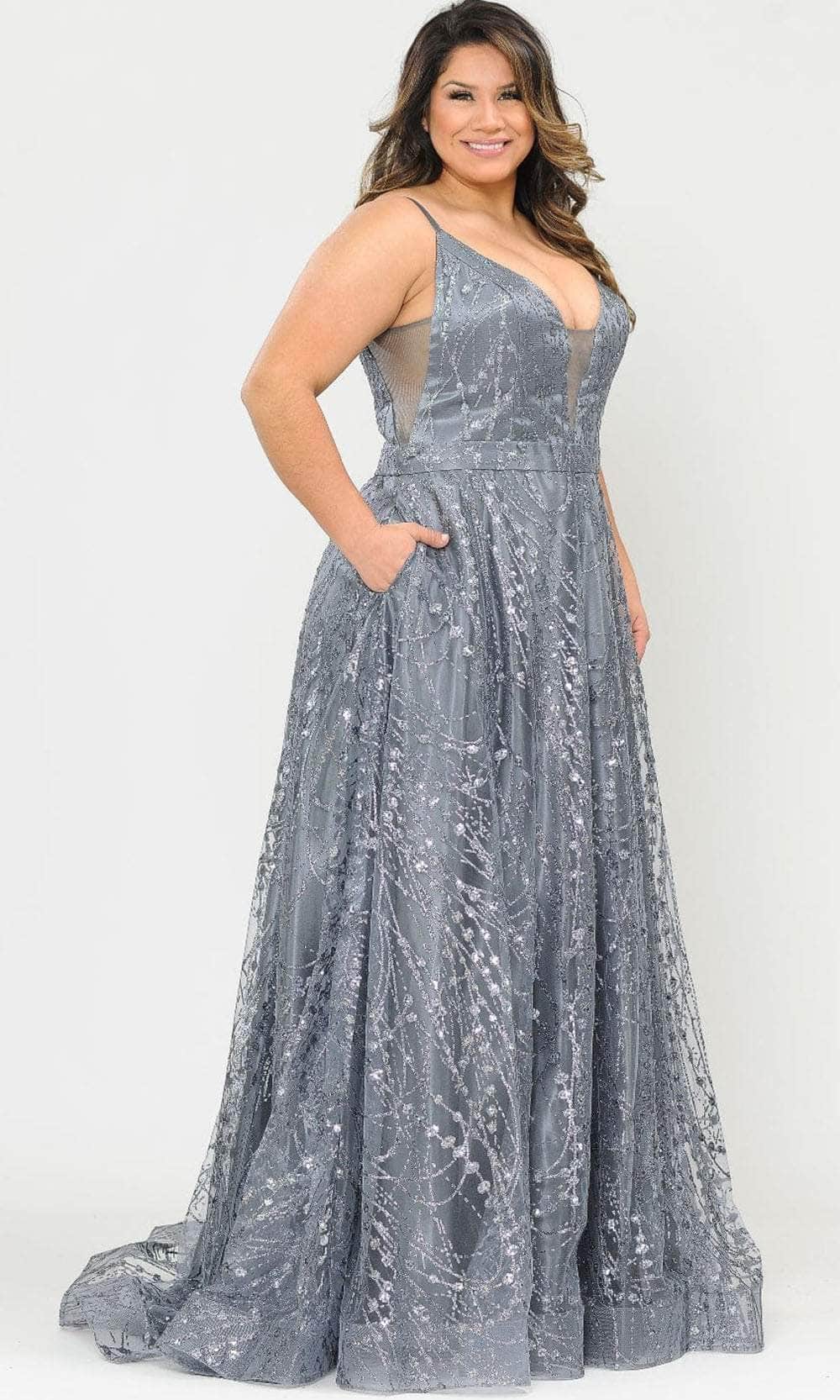 Poly USA W1004 - Sleeveless Plunging V-neck Formal Gown Prom Dresses 14W / Gun Metal