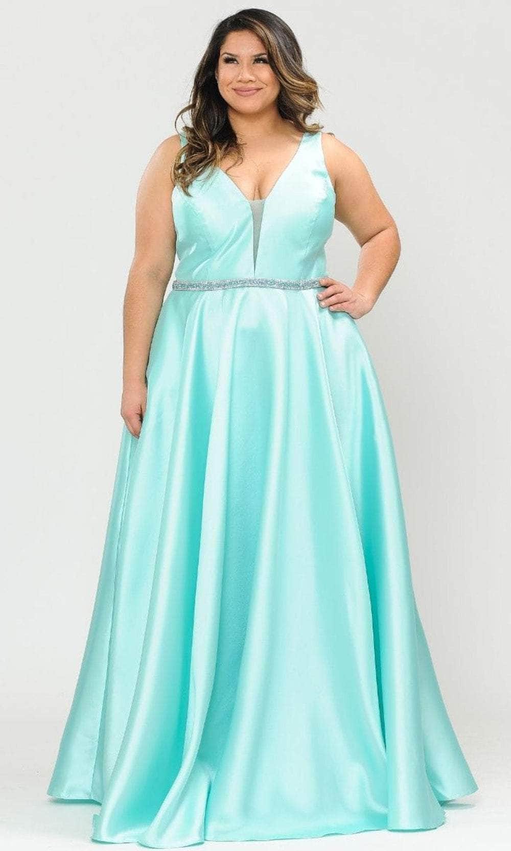 Poly USA W1108 - Deep V-Neck Mikado Evening Gown Prom Dresses 14W / Mint