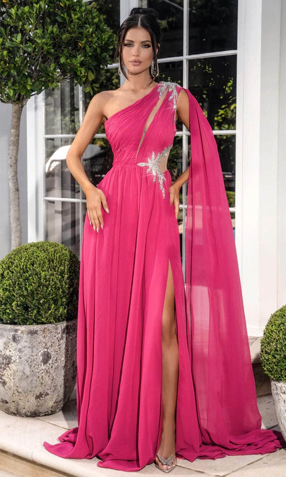 Portia and Scarlett PS24717 - Ruched Asymmetrical Prom Dress Prom Dresses 00 / Hot Pink/