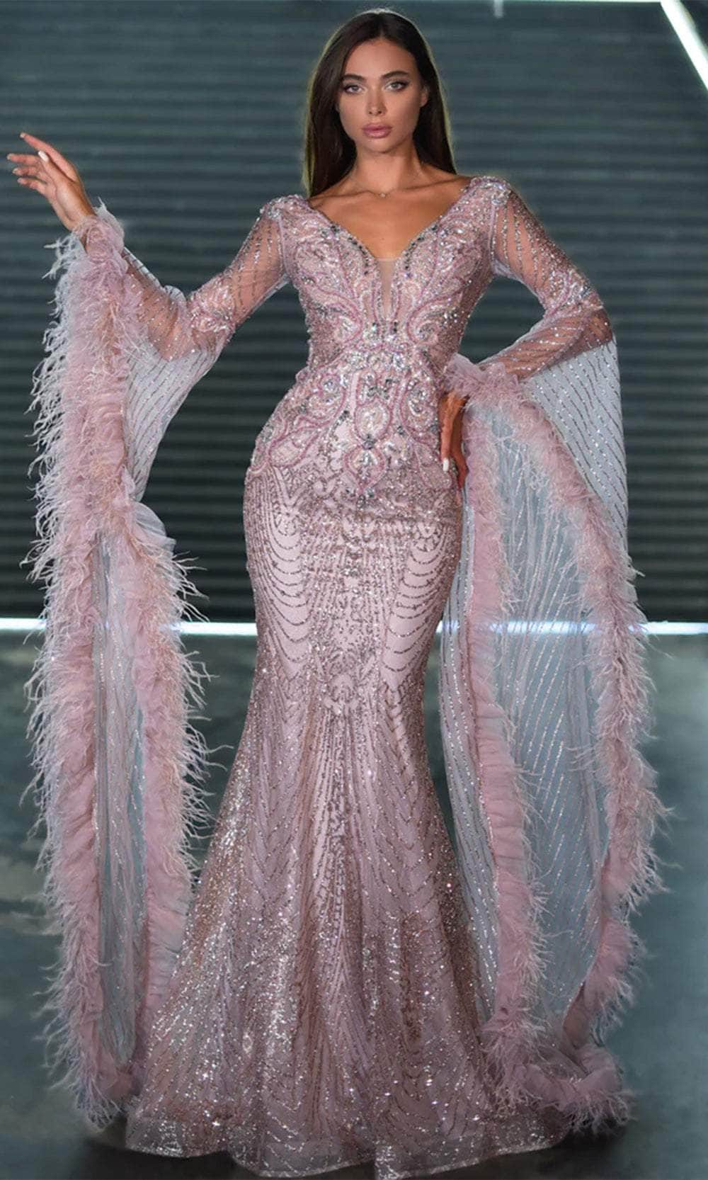 Portia and Scarlett Ps24938E - Long Mermaid Dress - Floor-Length Long Bell Sleeves, Feather Details., Sequined, Beaded, Sheer Insert, Scoop Back, Back Zipper Closure, Train, Horsehair Train ADASA Portia and Scarlett Ps24938E - Long Mermaid Dress - Floor-Length Long Bell Sleeves, Feather Details., Sequined, Beaded, Sheer Insert, Scoop Back, Back Zipper Closure, Train, Horsehair Train ADASA