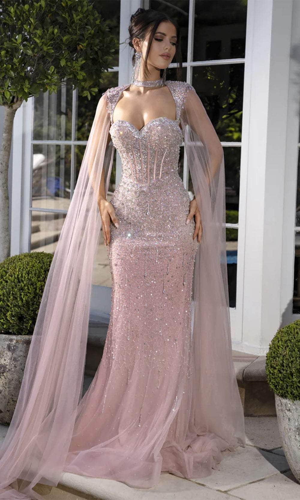 Portia and Scarlett Ps25504 - Long Sheath Dress - Corset Bodice, Rhinestone Embellished, Fringes, Long Cape Sleeve, Back Zipper Closure, Train ADASA Portia and Scarlett Ps25504 - Long Sheath Dress - Corset Bodice, Rhinestone Embellished, Fringes, Long Cape Sleeve, Back Zipper Closure, Train ADASA