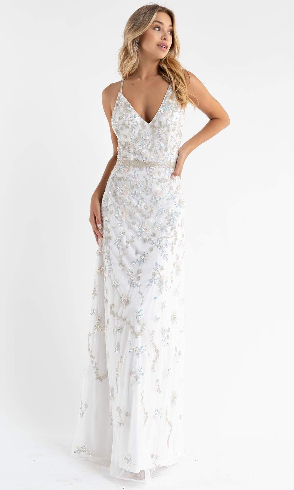 Primavera Couture 3772 - Long A-Line Dress - Fully Beaded, Sequined, V Neckline, Sleeveless, Spaghetti Strap, Crisscross Back Strap, Open Back, Concealed Back Zipper, Slit, Train ADASA Primavera Couture 3772 - Long A-Line Dress - Fully Beaded, Sequined, V Neckline, Sleeveless, Spaghetti Strap, Crisscross Back Strap, Open Back, Concealed Back Zipper, Slit, Train ADASA