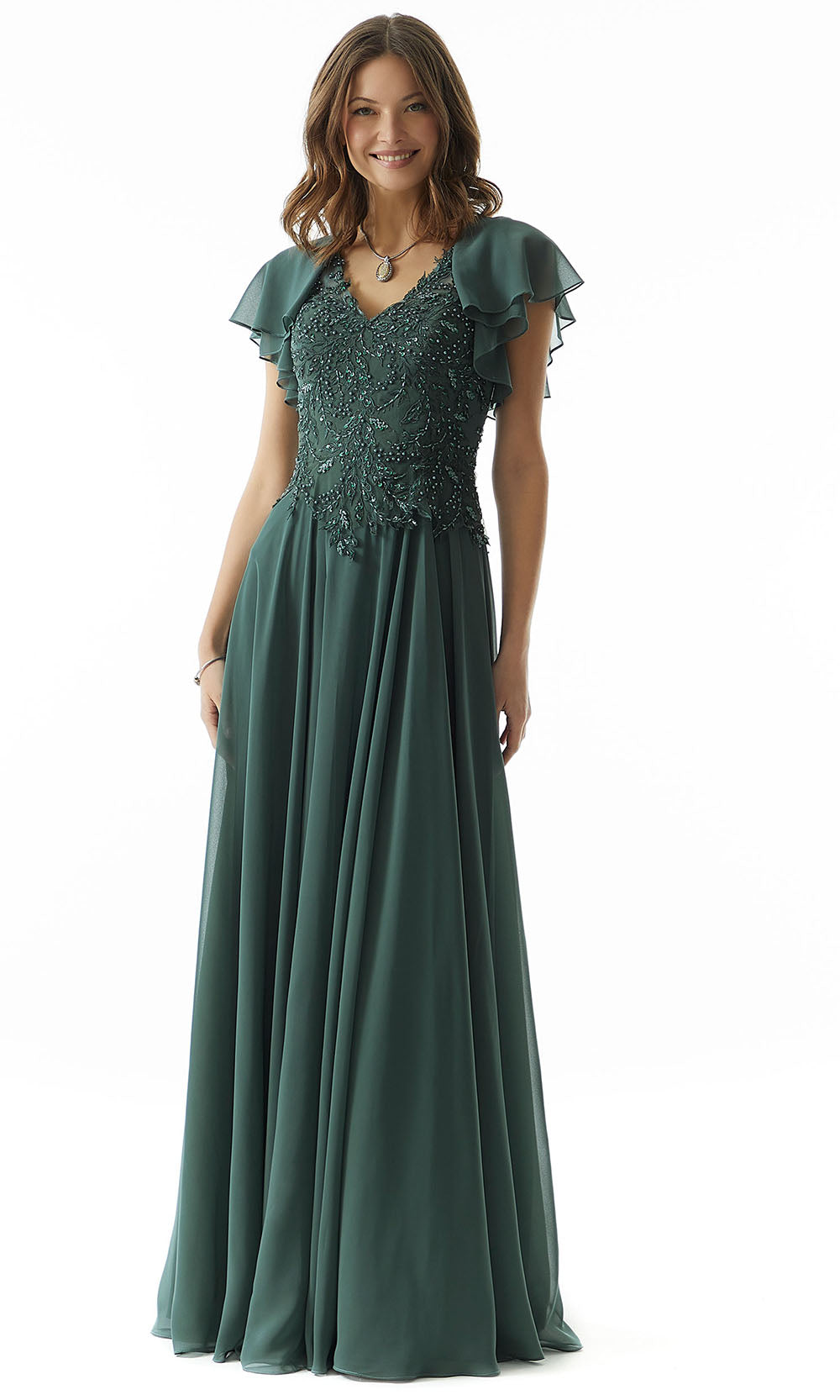 MGNY By Mori Lee 73016 - Long Chiffon A-Line Dress - Flutter Sleeves, Beaded, Sheer Embellished Back, Floor Length Hem ADASA MGNY By Mori Lee 73016 - Long Chiffon A-Line Dress - Flutter Sleeves, Beaded, Sheer Embellished Back, Floor Length Hem ADASA