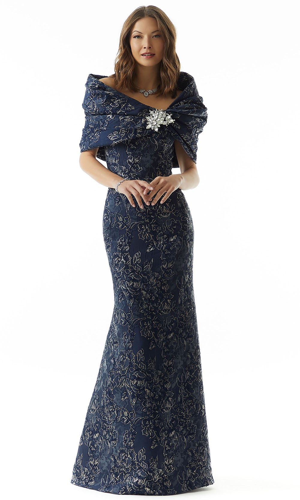 MGNY By Mori Lee 73017 - Long Metallic Brocade/Larissa Satin Mermaid Dress - Structured Shawl, Brooch Accent, Strapless, Midrise Back, Sweep Train ADASA MGNY By Mori Lee 73017 - Long Metallic Brocade/Larissa Satin Mermaid Dress - Structured Shawl, Brooch Accent, Strapless, Midrise Back, Sweep Train ADASA