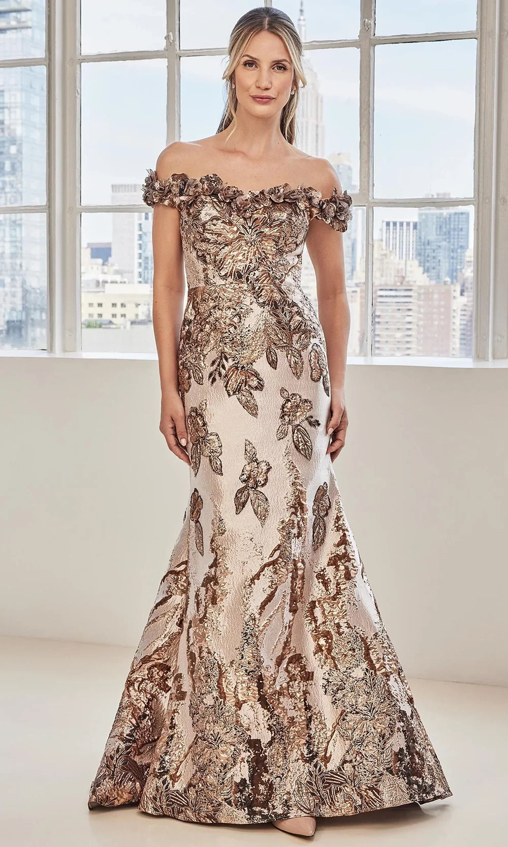 MGNY By Mori Lee 73130 - 3D Floral Accent Mermaid Metallic Gown Mother of the Bride Dresses