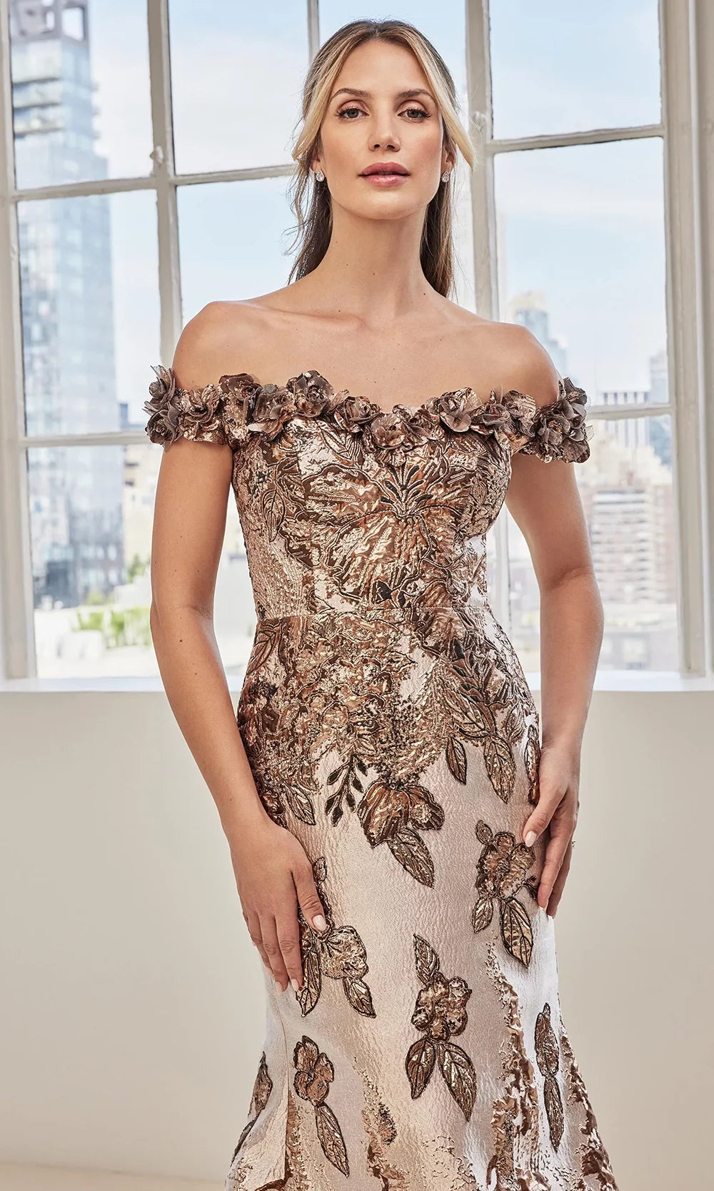 MGNY By Mori Lee 73130 - 3D Floral Accent Mermaid Metallic Gown Mother of the Bride Dresses