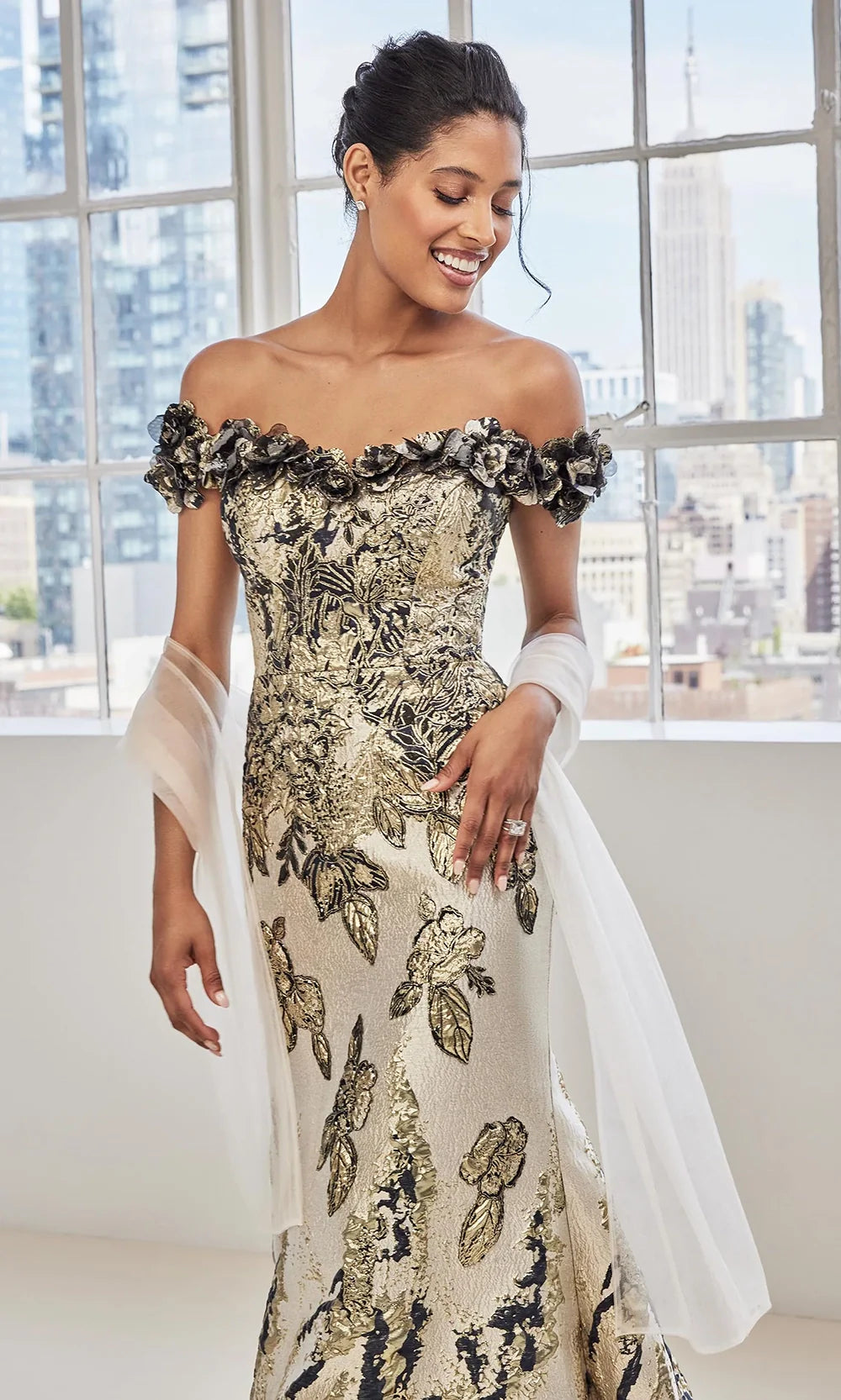 MGNY By Mori Lee 73130 - 3D Floral Accent Mermaid Metallic Gown Mother of the Bride Dresses