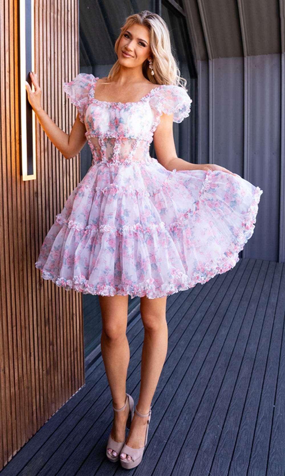 Rachel Allan 40408 Floral Print Short Cap Sleeve Dress | FormalDressShops 0 / White Print Rachel Allan 40408 Floral Print Short Cap Sleeve Dress | FormalDressShops 0 / White Print