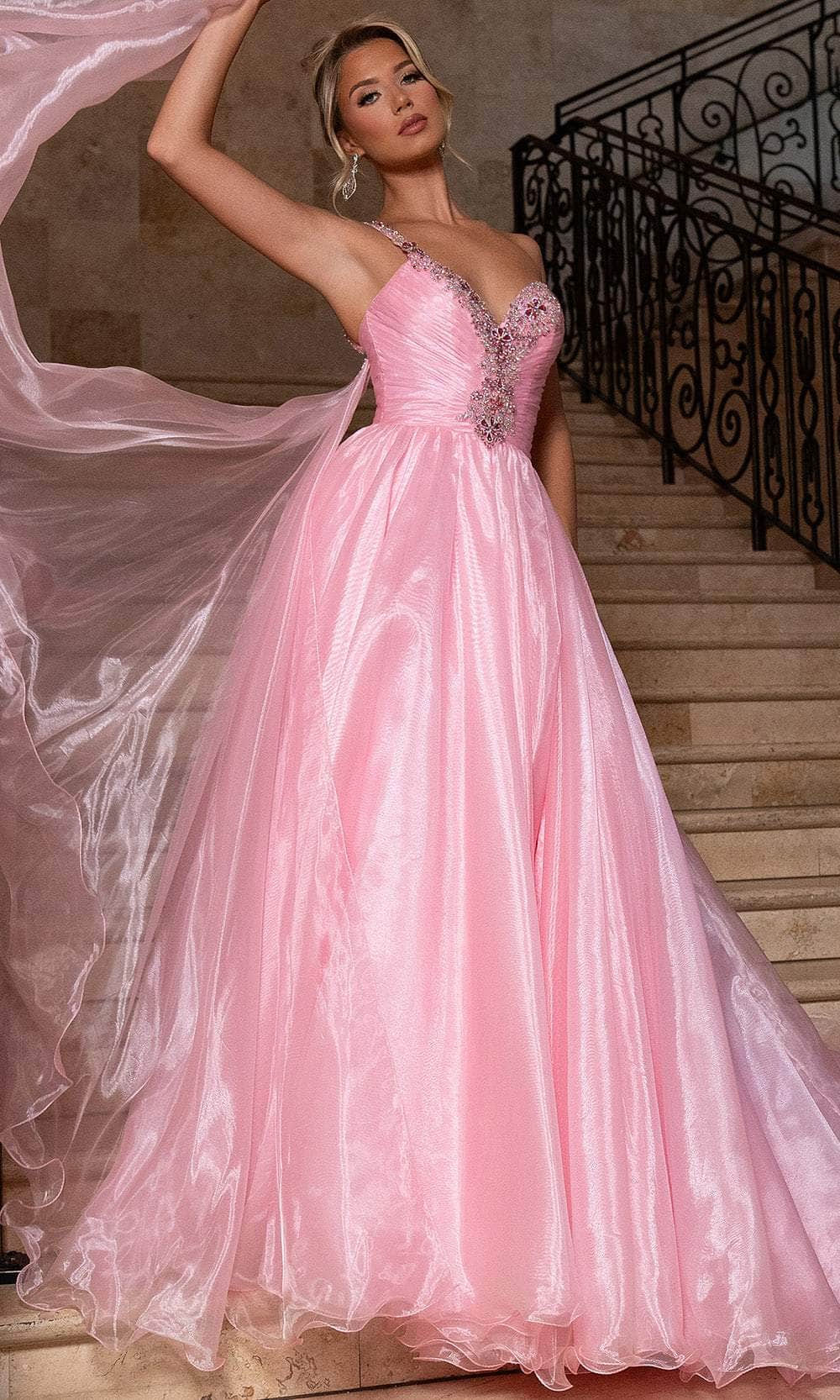 Rachel Allan 50342 - Long Organza, Crystal Beading A-line Dress - One Shoulder Strap, Floor-Sweeping Sash, Crystal Beaded, Ruched, High Slit ADASA Rachel Allan 50342 - Long Organza, Crystal Beading A-line Dress - One Shoulder Strap, Floor-Sweeping Sash, Crystal Beaded, Ruched, High Slit ADASA