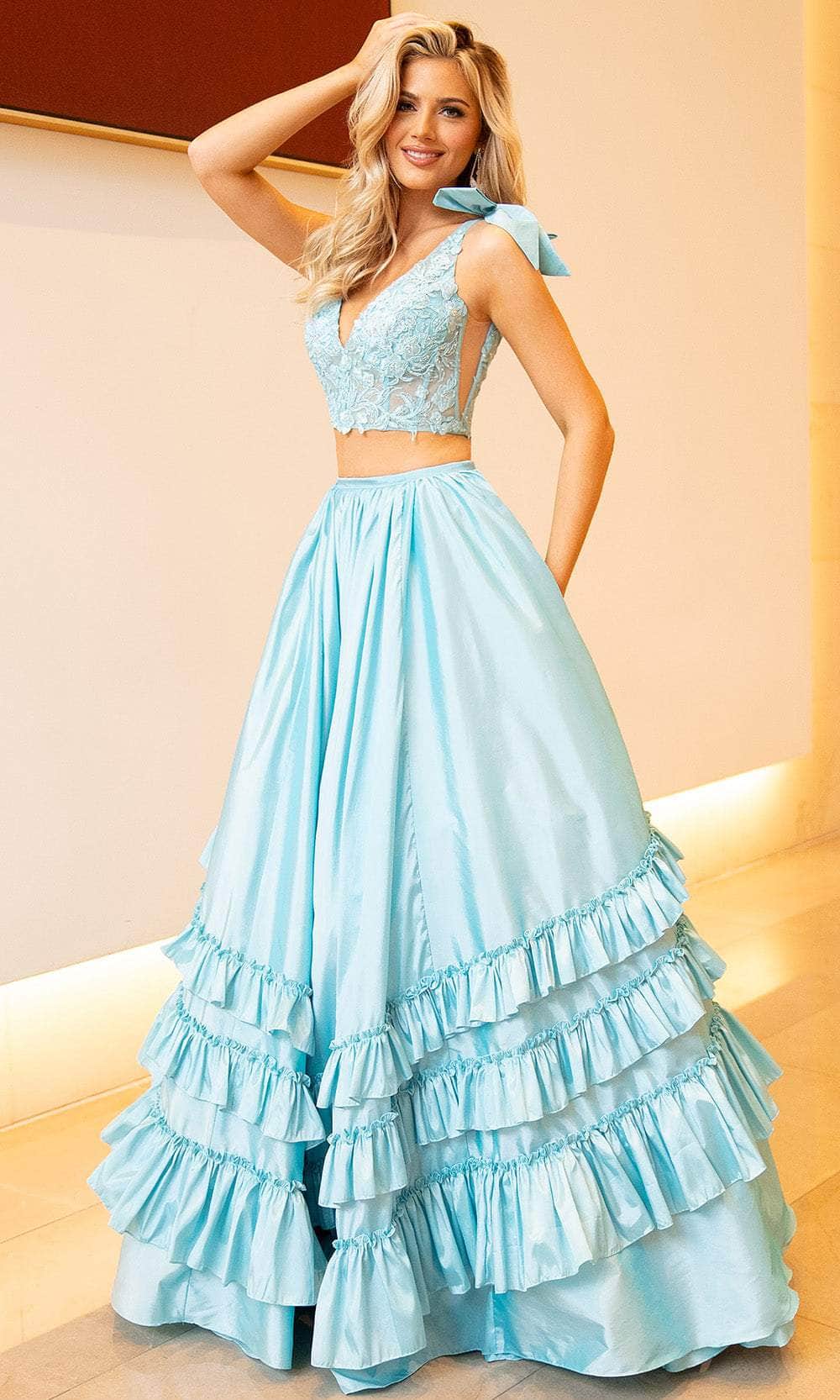 Rachel Allan 70718 - Long Taffeta, Applique, Beading A-Line Dress - Two- Piece Set, Beaded Lace Bodice, Tiered Ruffled Skirt, Shoulder Tie Straps ADASA Rachel Allan 70718 - Long Taffeta, Applique, Beading A-Line Dress - Two- Piece Set, Beaded Lace Bodice, Tiered Ruffled Skirt, Shoulder Tie Straps ADASA