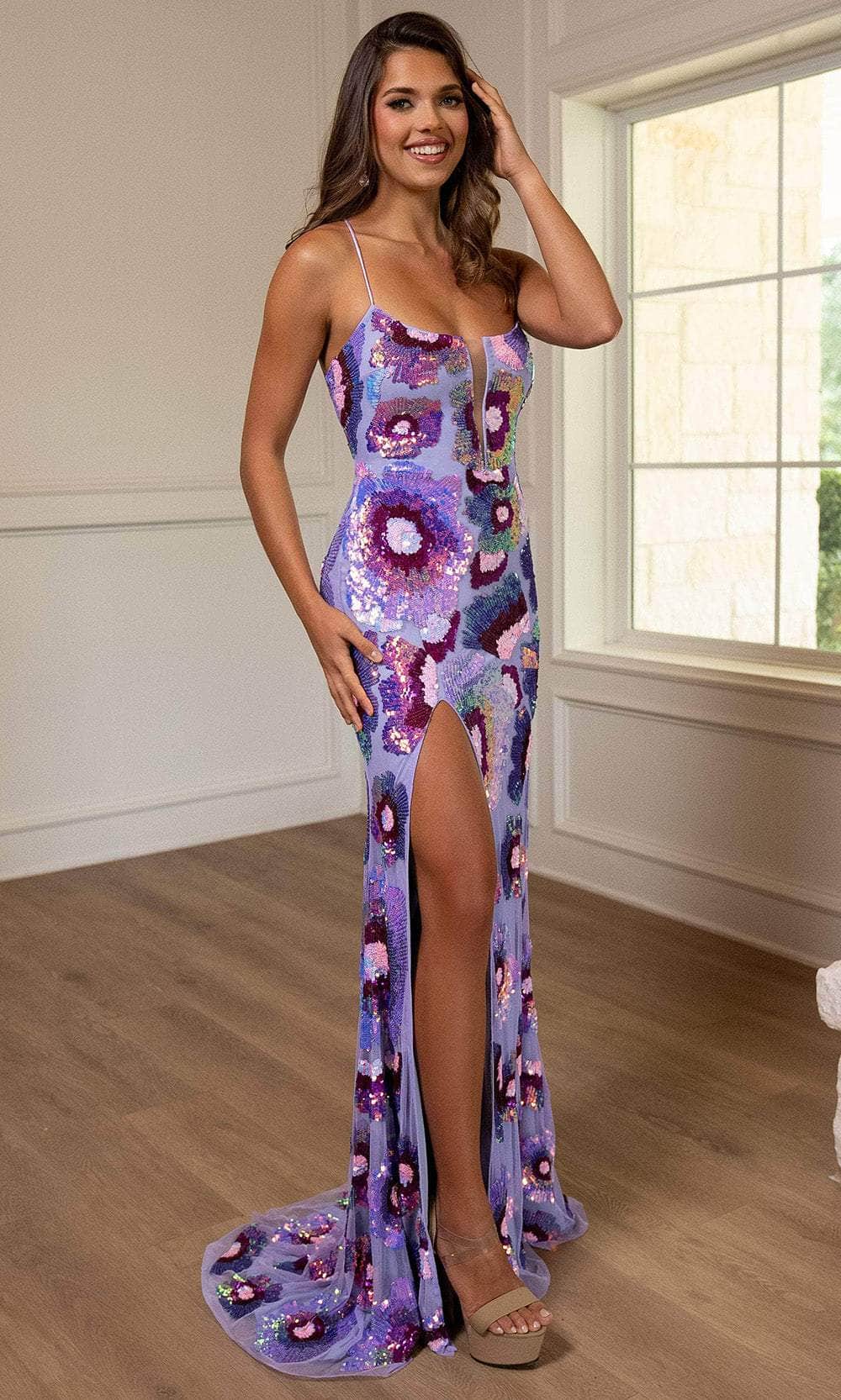 Rachel Allan 70719 - Floral Sequin Sheath Gown with Slit Prom Dresses