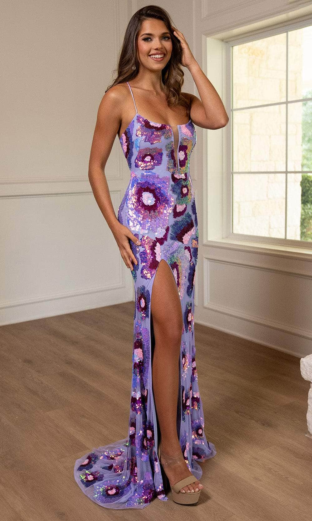 Rachel Allan 70719 - Floral Sequin Sheath Gown with Slit Prom Dresses
