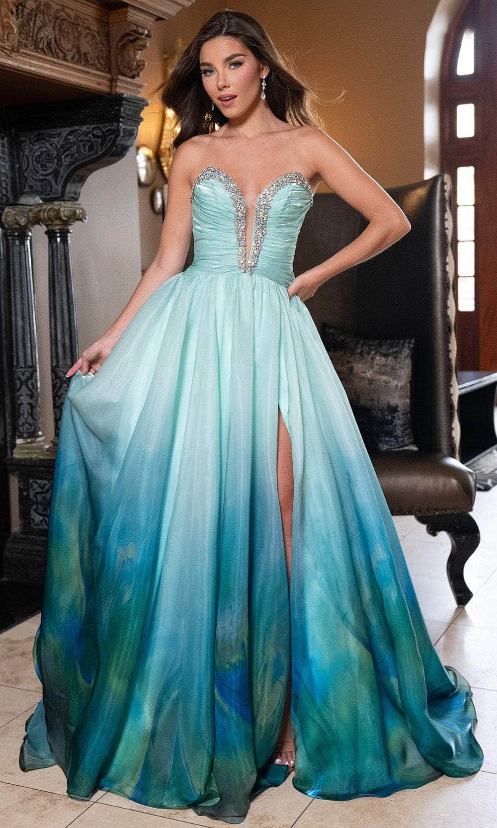 Rachel Allan 70727 - Long Crystal Organza Print, Beading A-line Dress - Strapless, Ruched Bodice, Crystal Embellishments, High Slit, Flowing Skirt ADASA Rachel Allan 70727 - Long Crystal Organza Print, Beading A-line Dress - Strapless, Ruched Bodice, Crystal Embellishments, High Slit, Flowing Skirt ADASA