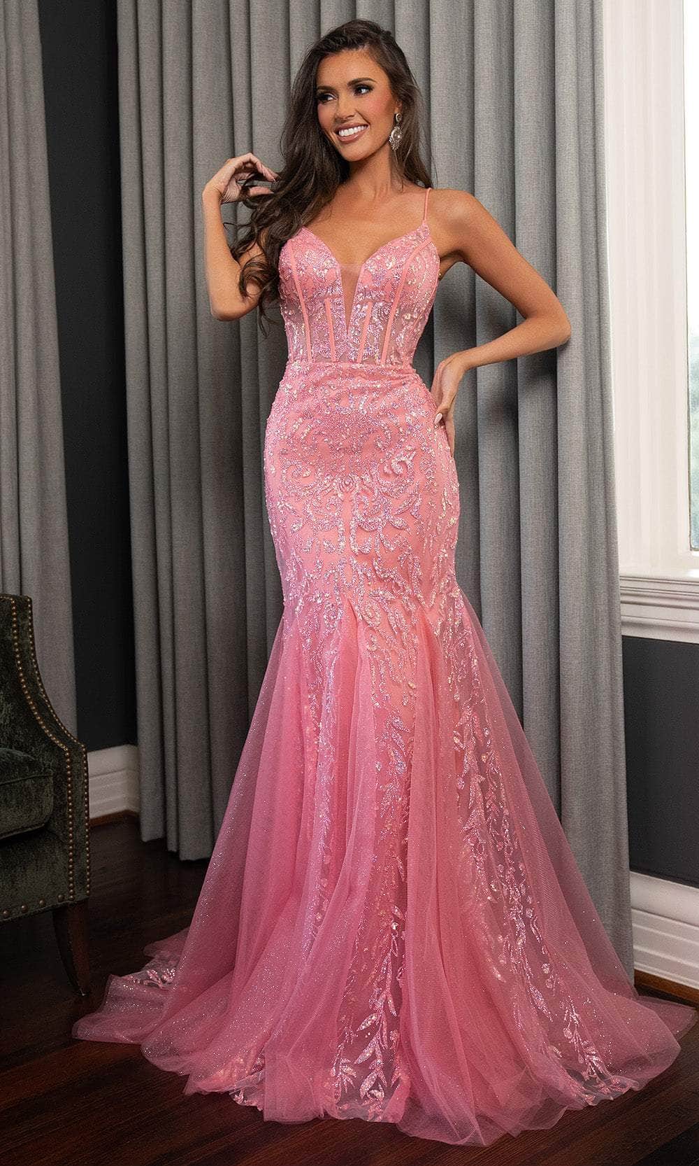 Rachel Allan 70750 - Long Glitter Tulle Mermaid Dress - Spaghetti Straps, Illusion Corset Bodice, Beaded Lace, Tulle Train 0 / Deep Blush Rachel Allan 70750 - Long Glitter Tulle Mermaid Dress - Spaghetti Straps, Illusion Corset Bodice, Beaded Lace, Tulle Train 0 / Deep Blush