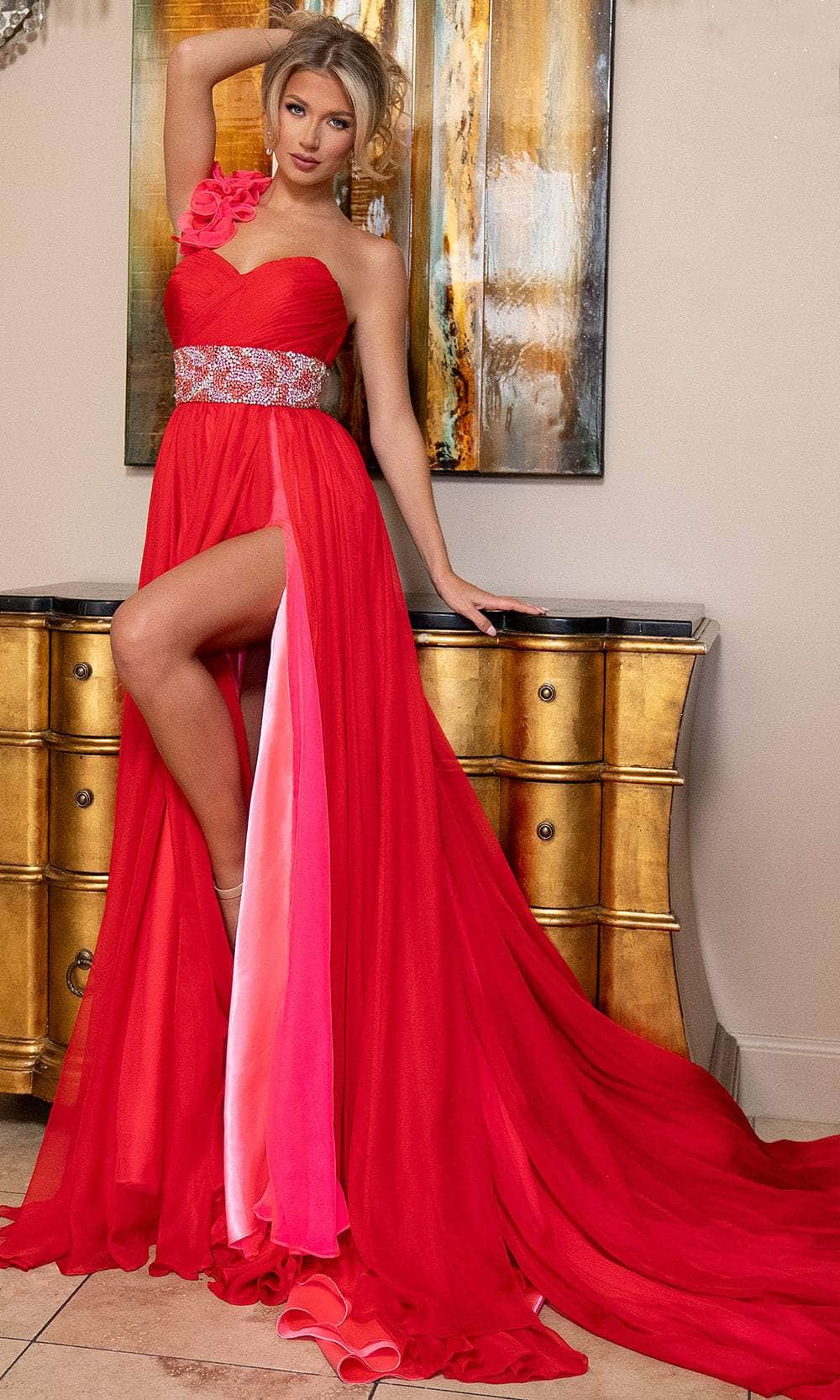 Rachel Allan 70827 - Long Chiffon, Beading A-line Dress - One Shoulder Strap, Ruched Bodice, Floral Applique, Beaded Waistband, High Slit ADASA Rachel Allan 70827 - Long Chiffon, Beading A-line Dress - One Shoulder Strap, Ruched Bodice, Floral Applique, Beaded Waistband, High Slit ADASA