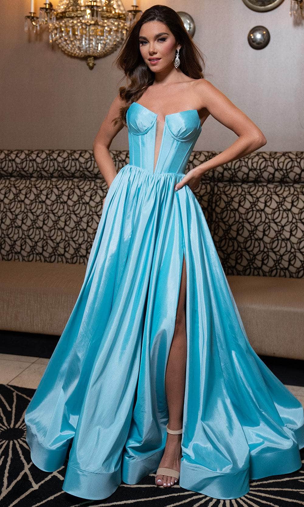 Rachel Allan 70871 - Long Taffeta A-line Dress - Corset Boning Bodice, Strapless, Gathered Waist, High Slit, Pockets ADASA Rachel Allan 70871 - Long Taffeta A-line Dress - Corset Boning Bodice, Strapless, Gathered Waist, High Slit, Pockets ADASA