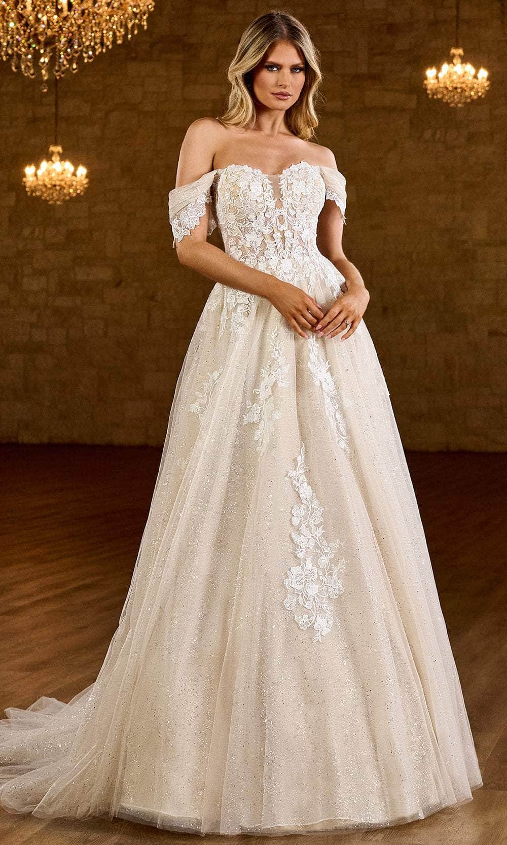 Rachel Allan Bridal RB2184 - Long Tulle, Glitter Tulle, Chiffon, Applique, Beading A-Line Dress - Off Shoulder, Lace Applique, Beaded, Mid-Open Back, Scalloped Detail, Buttons Closure, Layered, Sweep Train ADASA Rachel Allan Bridal RB2184 - Long Tulle, Glitter Tulle, Chiffon, Applique, Beading A-Line Dress - Off Shoulder, Lace Applique, Beaded, Mid-Open Back, Scalloped Detail, Buttons Closure, Layered, Sweep Train ADASA