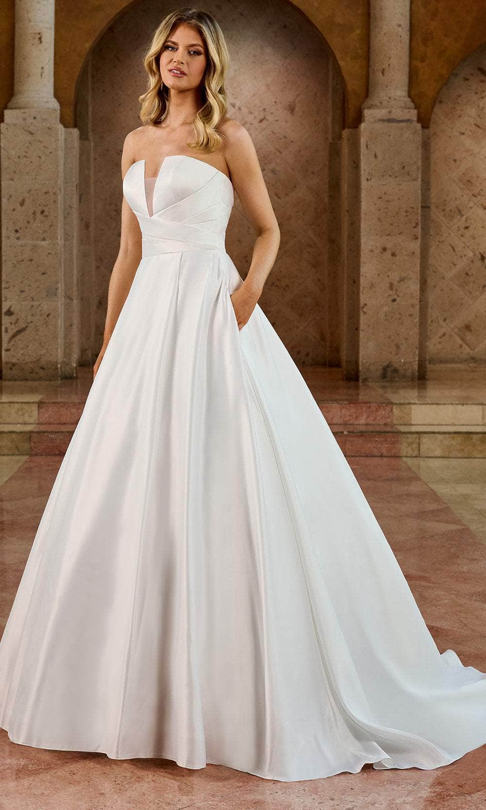 Rachel Allan Bridal RB2188 - Long Satin A-Line Dress - Sheer Insert, Seams, Fitted Bodice, Side Pockets, Buttons, Train ADASA Rachel Allan Bridal RB2188 - Long Satin A-Line Dress - Sheer Insert, Seams, Fitted Bodice, Side Pockets, Buttons, Train ADASA