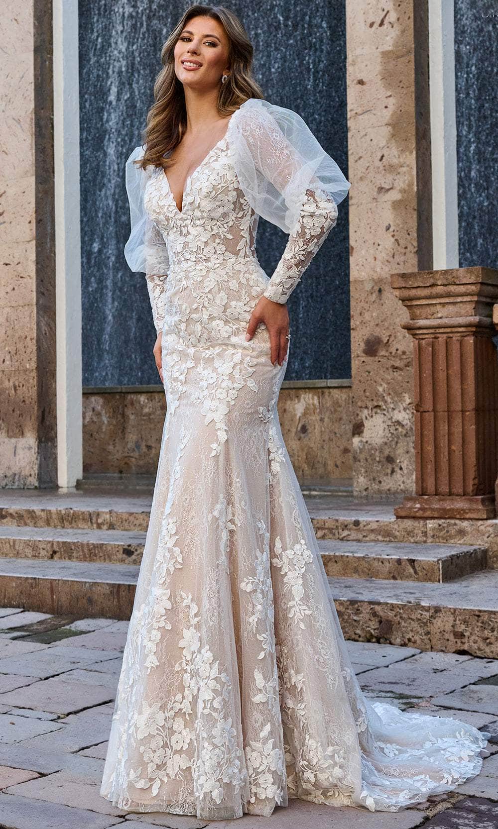 Rachel Allan Bridal RB3199 - Long Tulle, Lace, Applique, Beading Trumpet Dress - Wide Strap, Lace, Embroidery, Beaded, V-Back, Buttons and Zipper Closure, Sweep Train, Detachable Long Puff Sleeve ADASA Rachel Allan Bridal RB3199 - Long Tulle, Lace, Applique, Beading Trumpet Dress - Wide Strap, Lace, Embroidery, Beaded, V-Back, Buttons and Zipper Closure, Sweep Train, Detachable Long Puff Sleeve ADASA