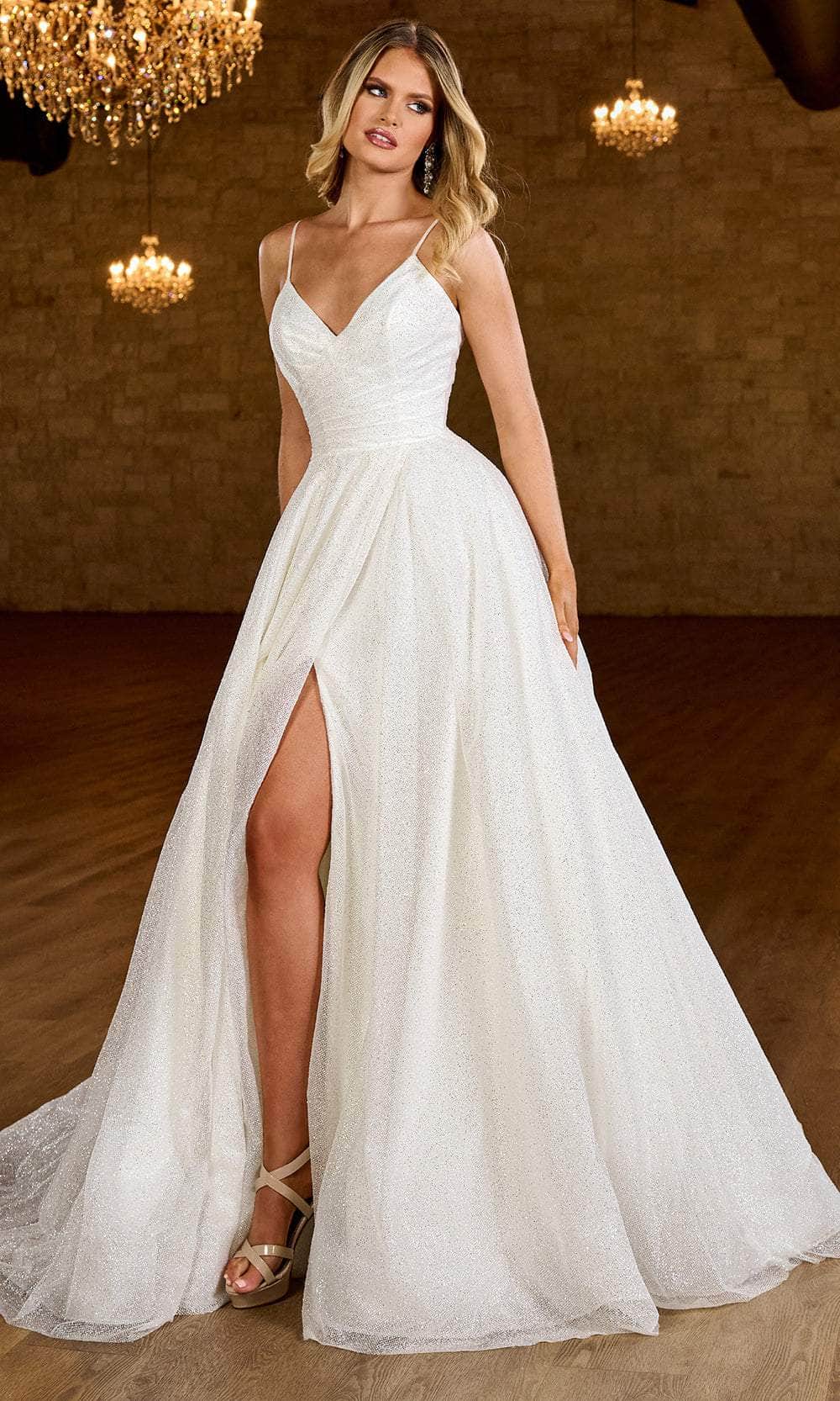 V-Neck Floor-Length Glitter Tulle A-Line Wedding Gown with Thigh-High Slit Rachel Allan RB3200 - Ivory / 16 V-Neck Floor-Length Glitter Tulle A-Line Wedding Gown with Thigh-High Slit Rachel Allan RB3200 - Ivory / 16