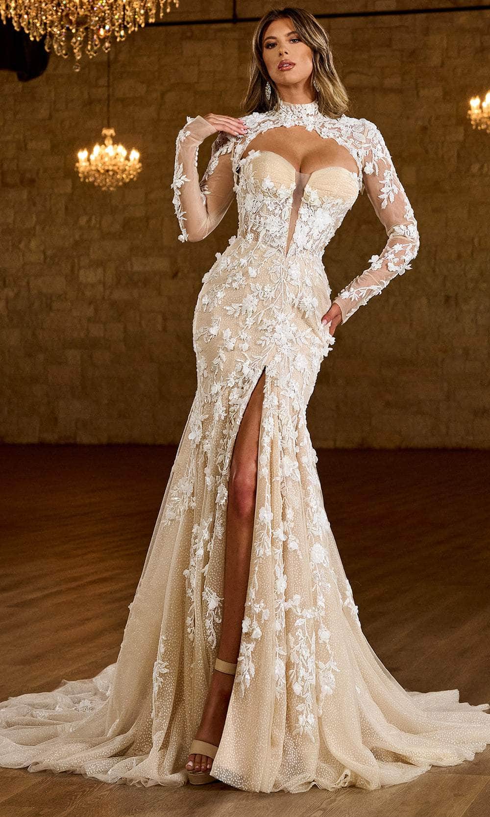 Rachel Allan Bridal RB5065 - Long Tulle, Glitter Tulle, Applique, Beading, 3D Flowers Mermaid Dress - Floral Lace Overlay, Long Sheer Detachable Sleeves, Sheer Insert, Mid-Open Back, Illusion, Silt, Train ADASA Rachel Allan Bridal RB5065 - Long Tulle, Glitter Tulle, Applique, Beading, 3D Flowers Mermaid Dress - Floral Lace Overlay, Long Sheer Detachable Sleeves, Sheer Insert, Mid-Open Back, Illusion, Silt, Train ADASA