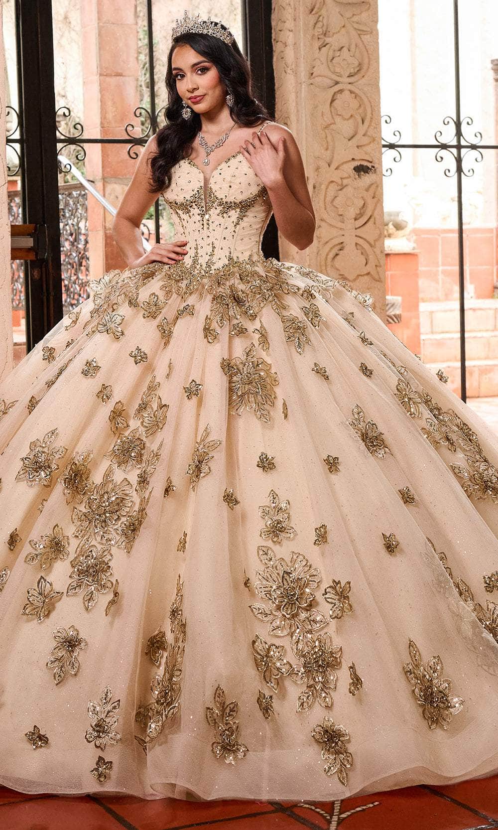 Sweetheart Floor Length Glitter Tulle Quinceanera Ball Gown with Embroidery Rachel Allan RQ1149 - Champagne Rose Gold / 0 Sweetheart Floor Length Glitter Tulle Quinceanera Ball Gown with Embroidery Rachel Allan RQ1149 - Champagne Rose Gold / 0