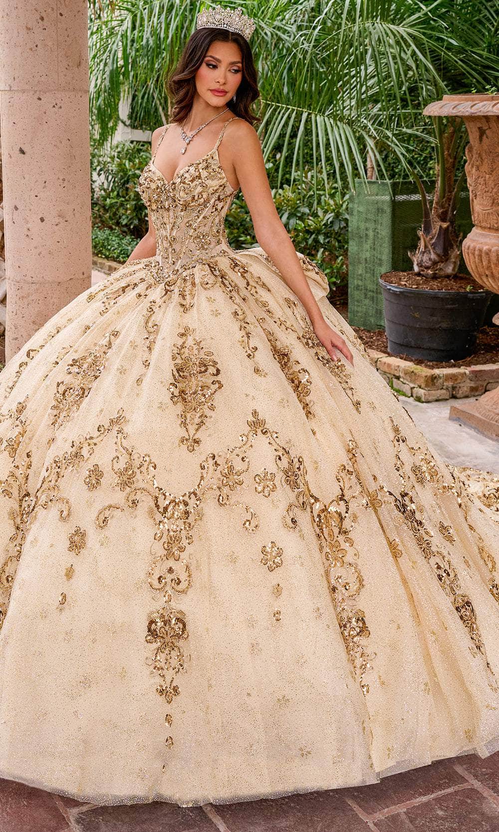 Rachel Allan Bridal RQ2202 - Long Tulle, Glitter Tulle, Applique, Beading Ballgown - Sleeveless, Lace Appliqued, Beaded, Sequin, V-Back, Lace-Up Closure, Bow Accent, Chapel Train, Detachable Puff Sleeve ADASA Rachel Allan Bridal RQ2202 - Long Tulle, Glitter Tulle, Applique, Beading Ballgown - Sleeveless, Lace Appliqued, Beaded, Sequin, V-Back, Lace-Up Closure, Bow Accent, Chapel Train, Detachable Puff Sleeve ADASA