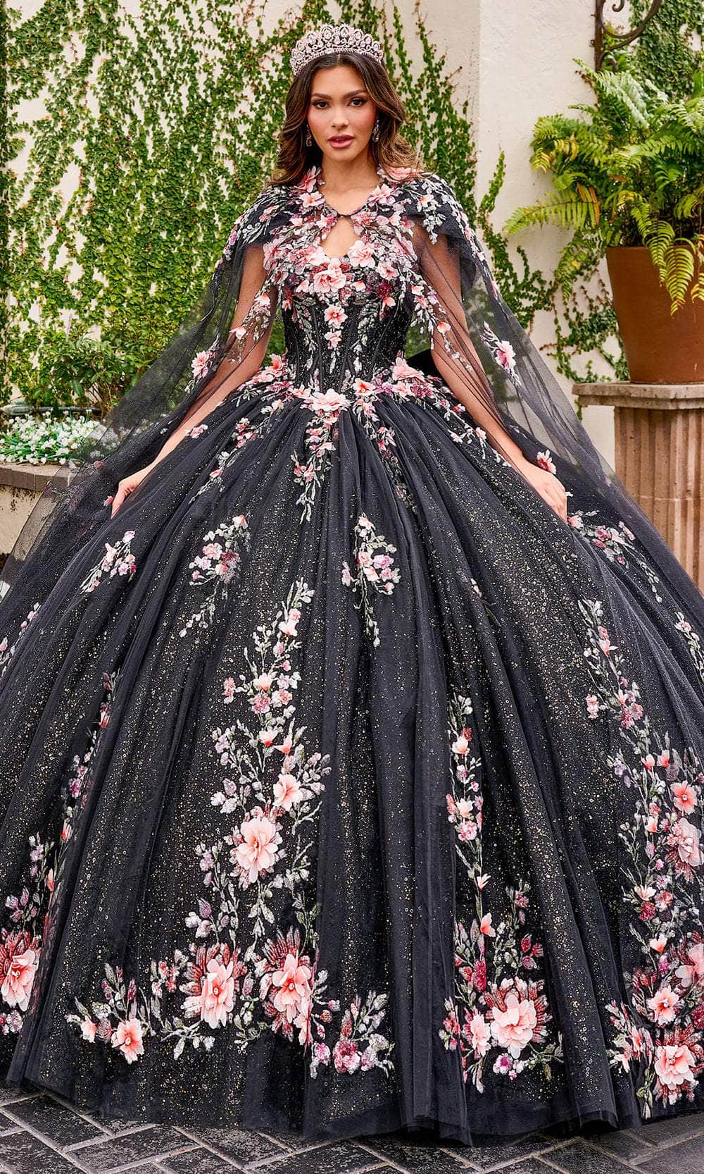 Sweetheart Floor Length Tulle Quinceanera Ball Gown with Floral Applique Rachel Allan RQ3132 - Black Multi / 4 Sweetheart Floor Length Tulle Quinceanera Ball Gown with Floral Applique Rachel Allan RQ3132 - Black Multi / 4