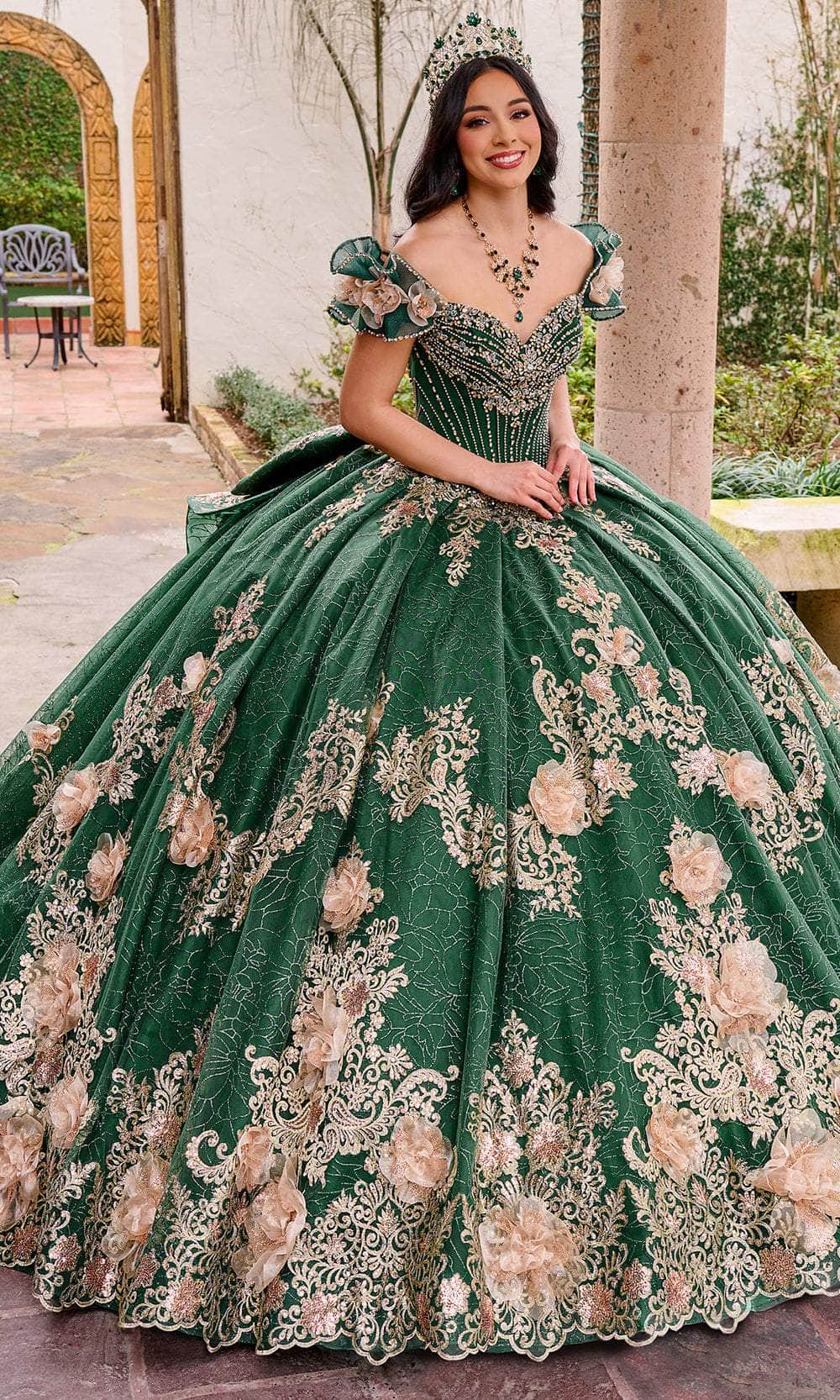 Rachel Allan Bridal RQ3133 - Long Tulle, Glitter Tulle, Applique, Beading, 3D Flowers Ballgown - Short Sleeve, Ruffles, 3D Floral Applique, Beaded, Embroidery, Lace-Up Back, Bow Accent, Pleated, Scalloped Petal Hem ADASA Rachel Allan Bridal RQ3133 - Long Tulle, Glitter Tulle, Applique, Beading, 3D Flowers Ballgown - Short Sleeve, Ruffles, 3D Floral Applique, Beaded, Embroidery, Lace-Up Back, Bow Accent, Pleated, Scalloped Petal Hem ADASA