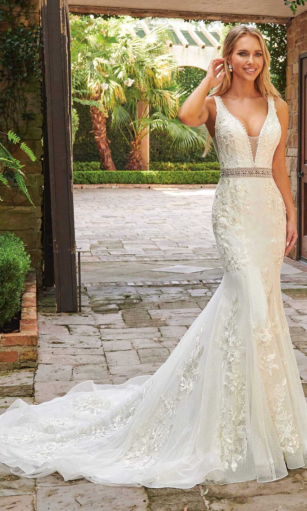 Rachel Allan - M785 Embroidered Deep V Neck Mermaid Gown With Overlay Wedding Dresses 10 / White