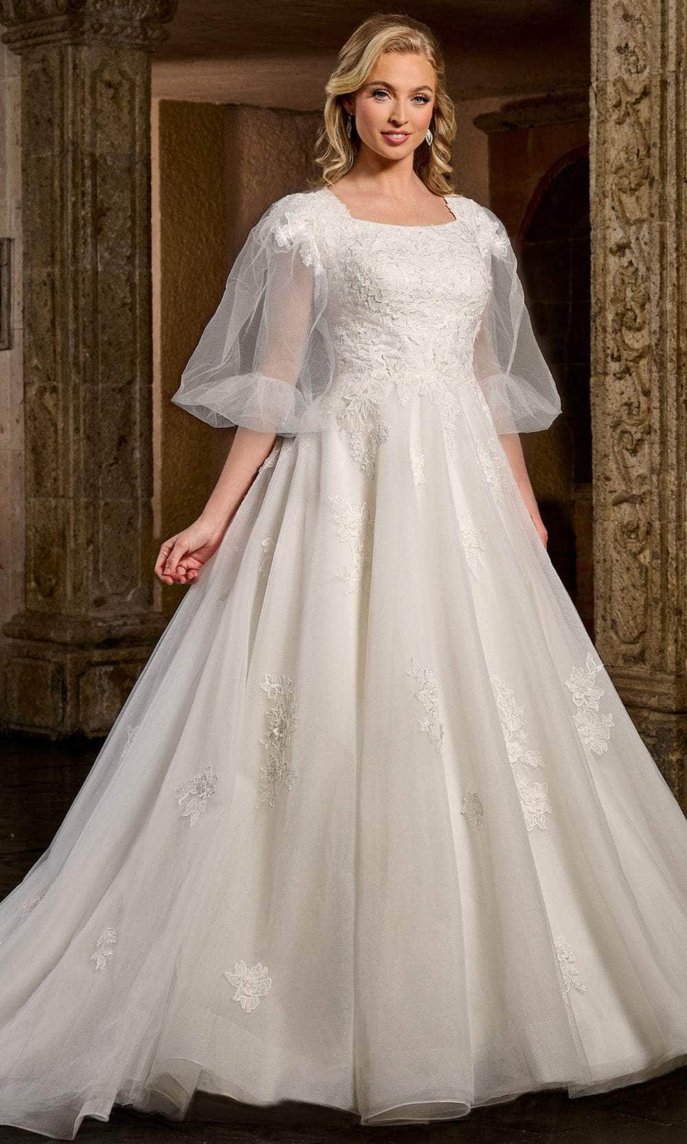 Rachel Allan RB2165 - Long Tulle, Sequin Tulle A-Line Dress - Lace Appliqued, Beaded Detachable Sheer Puff Sleeves, Chapel Train, Covered Back Buttons Rachel Allan RB2165 - Long Tulle, Sequin Tulle A-Line Dress - Lace Appliqued, Beaded Detachable Sheer Puff Sleeves, Chapel Train, Covered Back Buttons