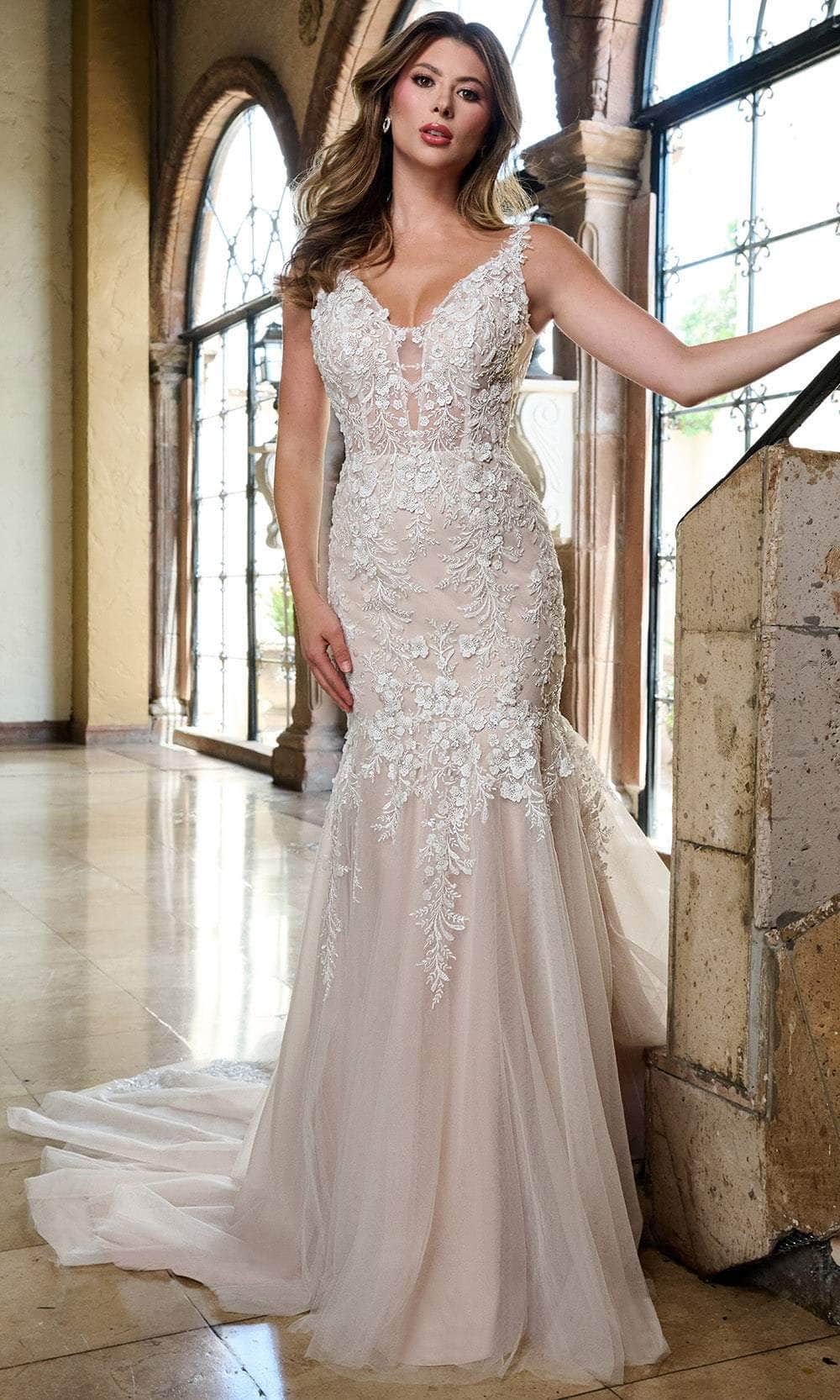Rachel Allan RB2209 - Long Tulle, Applique, Beading Mermaid Dress - Illusion Bodice, Beaded Lace Appliques, Sheer Straps, V-Shaped Back, Chapel Train Rachel Allan RB2209 - Long Tulle, Applique, Beading Mermaid Dress - Illusion Bodice, Beaded Lace Appliques, Sheer Straps, V-Shaped Back, Chapel Train