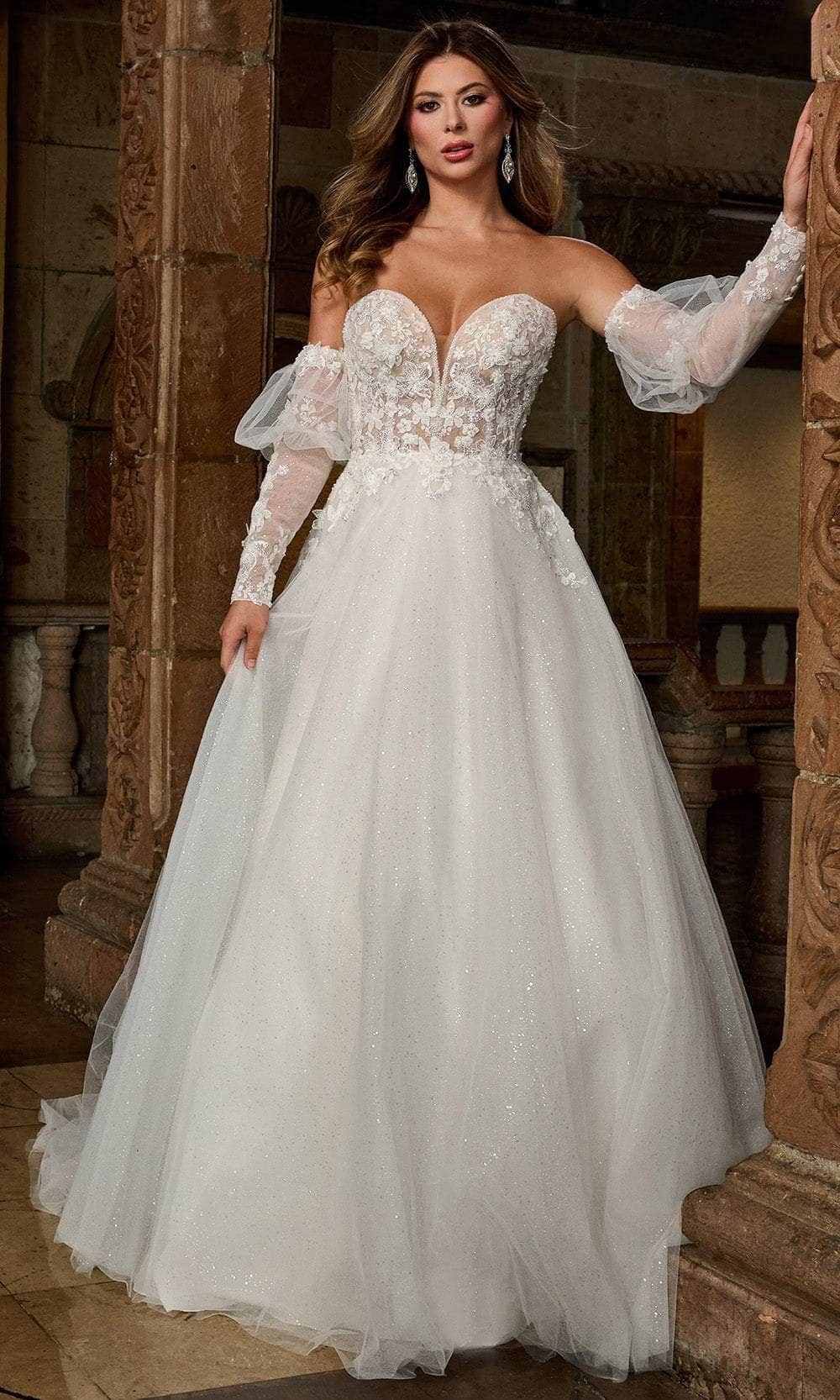 Rachel Allan RB3212 - Long Tulle, Glitter Tulle, Applique, Beading, 3D Flowers A-Line Dress - Strapless, Detachable Sheer Sleeves and Bodice Liner, Beaded, Floral Lace Appliques, Chapel Train ADASA Rachel Allan RB3212 - Long Tulle, Glitter Tulle, Applique, Beading, 3D Flowers A-Line Dress - Strapless, Detachable Sheer Sleeves and Bodice Liner, Beaded, Floral Lace Appliques, Chapel Train ADASA