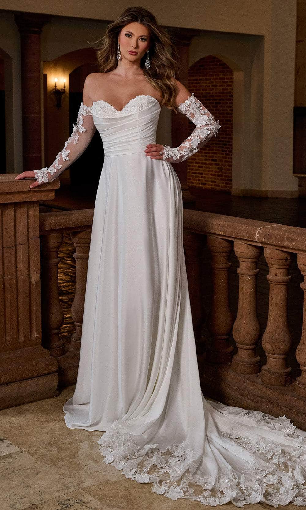 Rachel Allan RB4202 - Long Stretch Satin, Tulle, Applique, Beading, 3D Flowers A-Line Dress - Strapless, Ruched Bodice, Detachable Lace Sleeves, Rachel Allan RB4202 - Long Stretch Satin, Tulle, Applique, Beading, 3D Flowers A-Line Dress - Strapless, Ruched Bodice, Detachable Lace Sleeves,