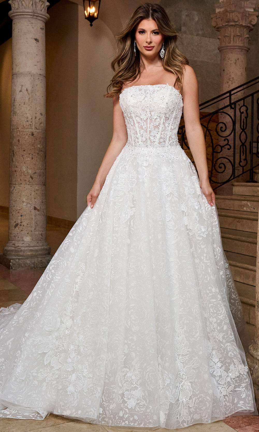 Rachel Allan RB5080 - Long Tulle, Glitter Tulle, Applique, Beading A-Line Dress - Sheer Corset Bodice, Strapless, Detachable Sheer Sleeves, Chapel Train, Embroidery, Beaded ADASA Rachel Allan RB5080 - Long Tulle, Glitter Tulle, Applique, Beading A-Line Dress - Sheer Corset Bodice, Strapless, Detachable Sheer Sleeves, Chapel Train, Embroidery, Beaded ADASA