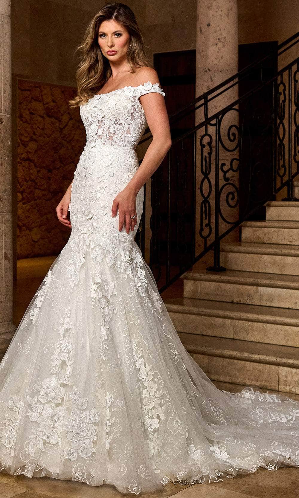 Rachel Allan RB5082 - Off-Shoulder Floral Lace Mermaid Gown Wedding Dresses