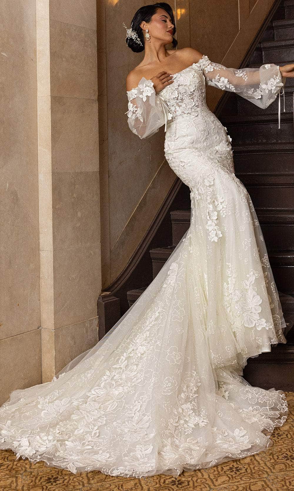 Rachel Allan RB5082 - Off-Shoulder Floral Lace Mermaid Gown Wedding Dresses