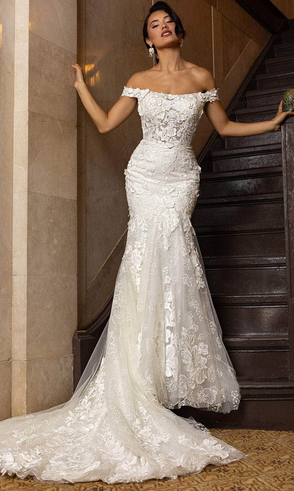 Rachel Allan RB5082 - Off-Shoulder Floral Lace Mermaid Gown Wedding Dresses