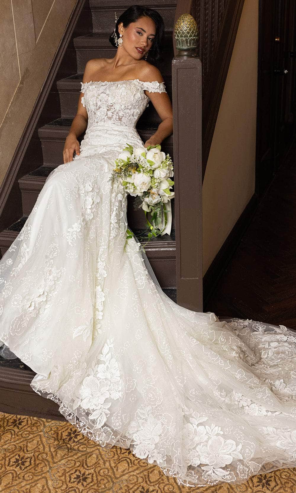 Rachel Allan RB5082 - Off-Shoulder Floral Lace Mermaid Gown Wedding Dresses